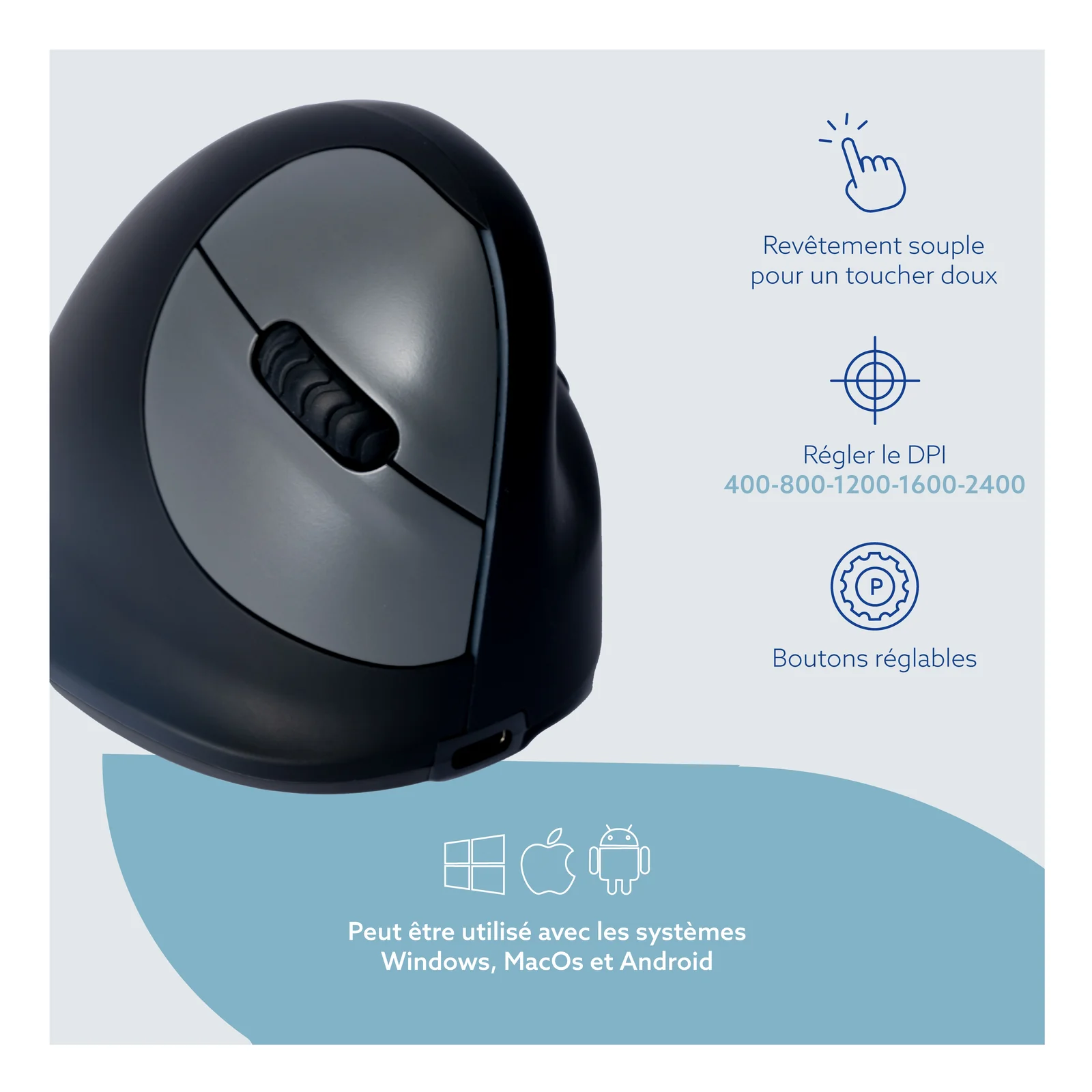 Infographie compatibilité OS Windows macOS Android, niveaux DPI 400-2400, Bluetooth 5.0