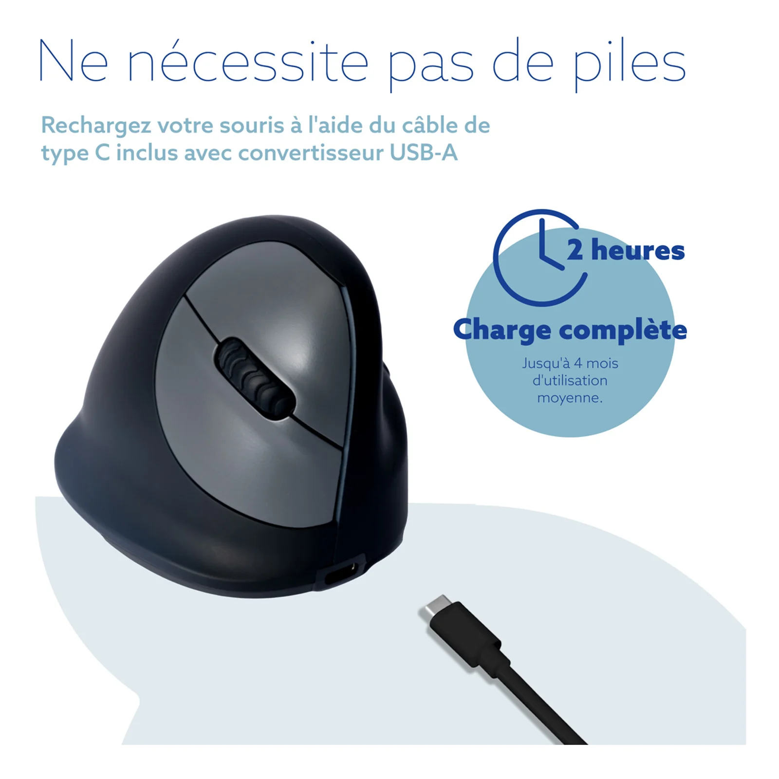 Câble USB-C de recharge inclus avec convertisseur USB-A, charge complète en 2 heures