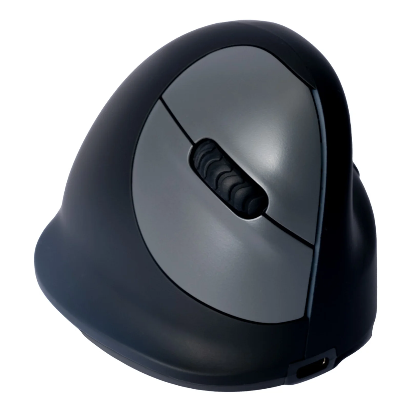 Vue latérale gauche de la souris ergonomique verticale noire sur fond blanc