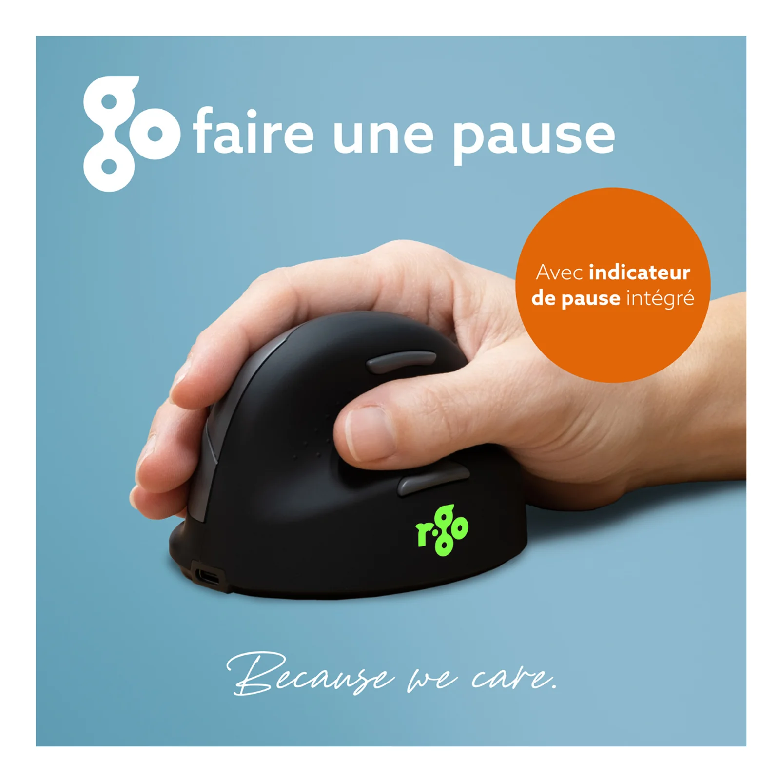 Visuel indicateur de pause avec LED verte et main tenant la souris, fond sombre