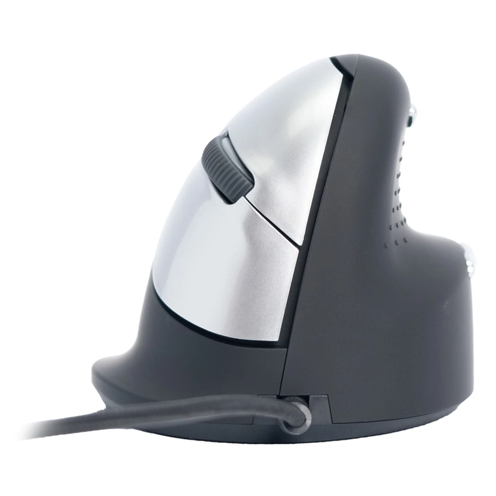 Profil latéral droit, souris verticale noire et argent avec câble USB, fond blanc