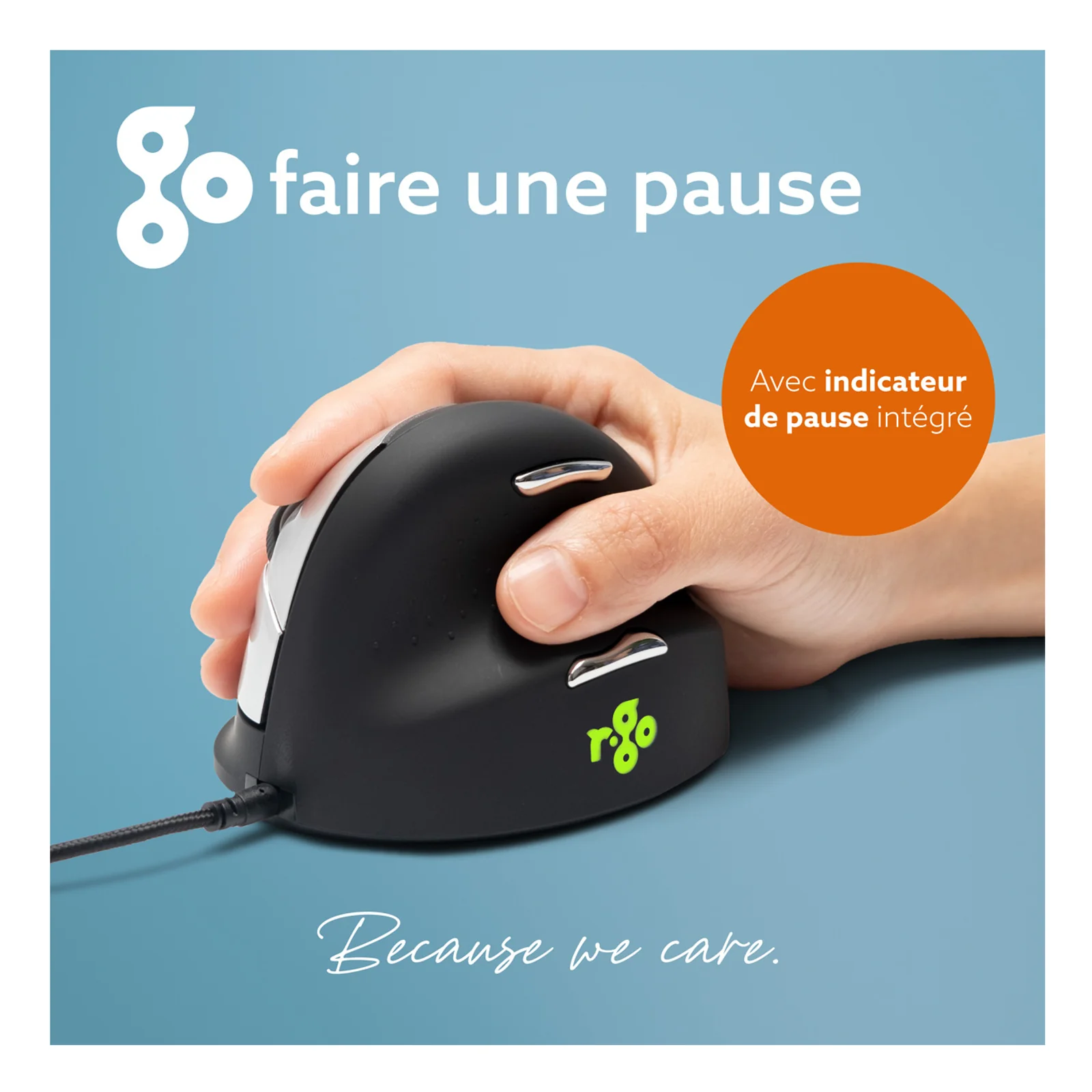 Infographie indicateur de pause en français, souris noire sur fond motif R-Go, logo vert
