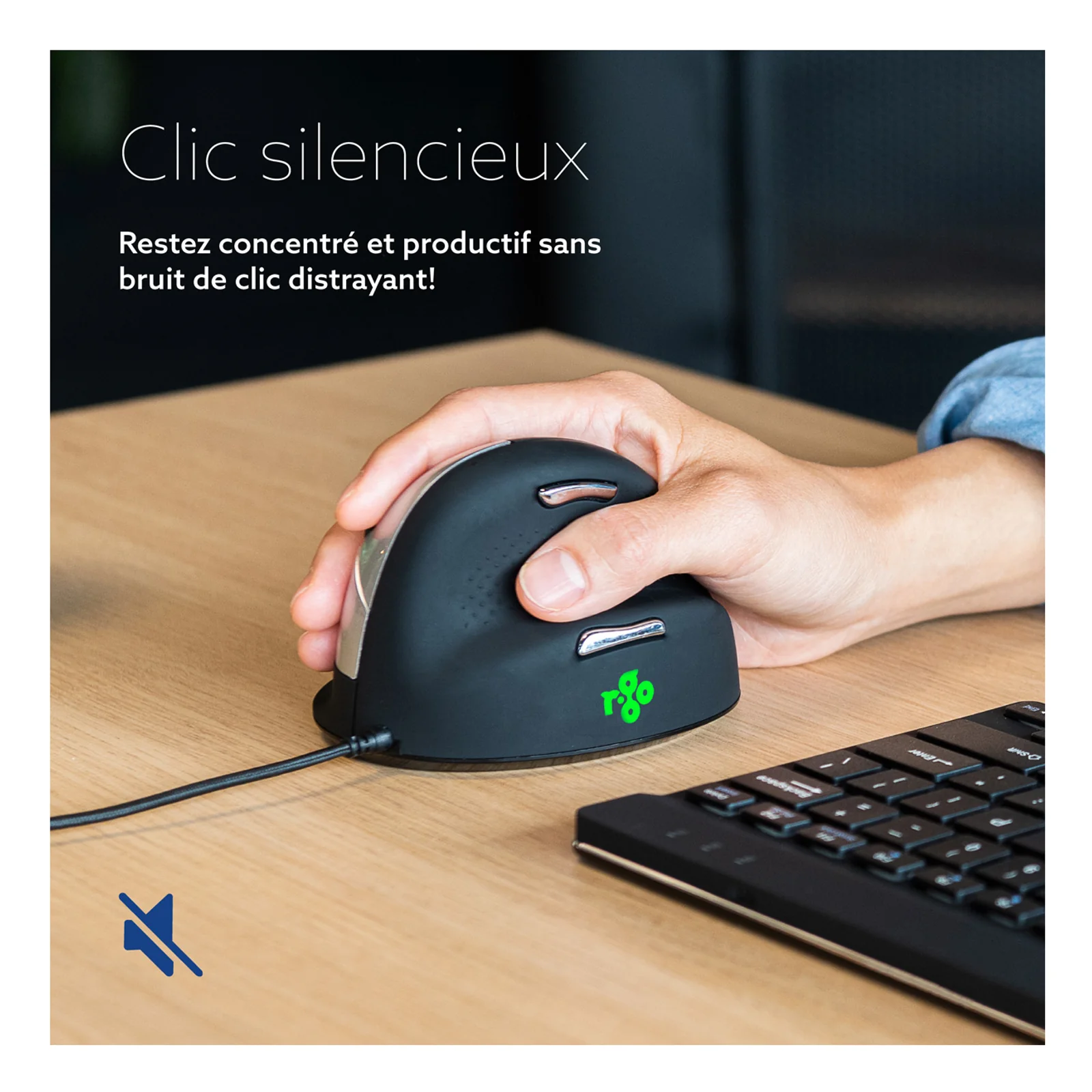 Visuel marketing clic silencieux, main utilisant la souris HE Break avec clavier