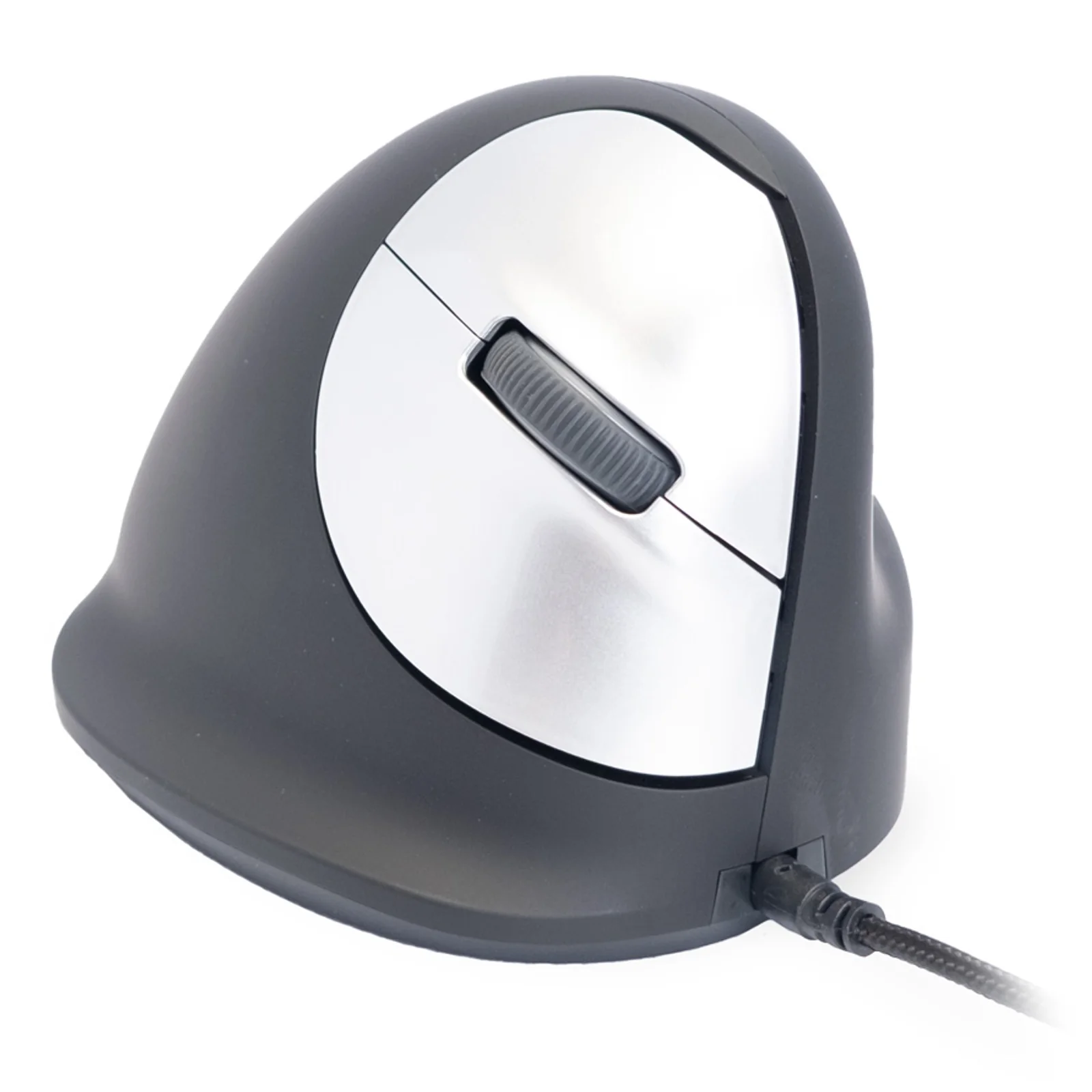 Vue avant-droite de la souris HE Break verticale, coque argentée et corps noir