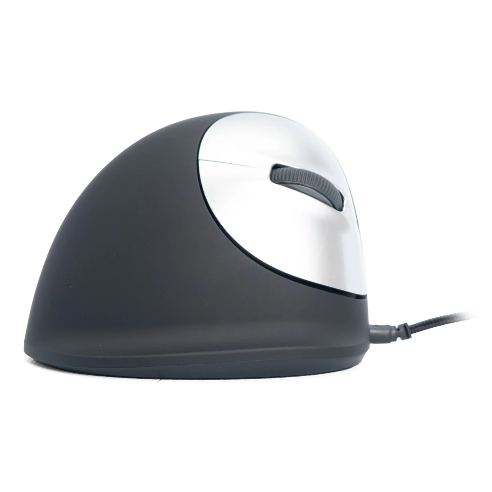 Vue latérale droite de la souris HE Break, profil vertical, coque argentée et noire