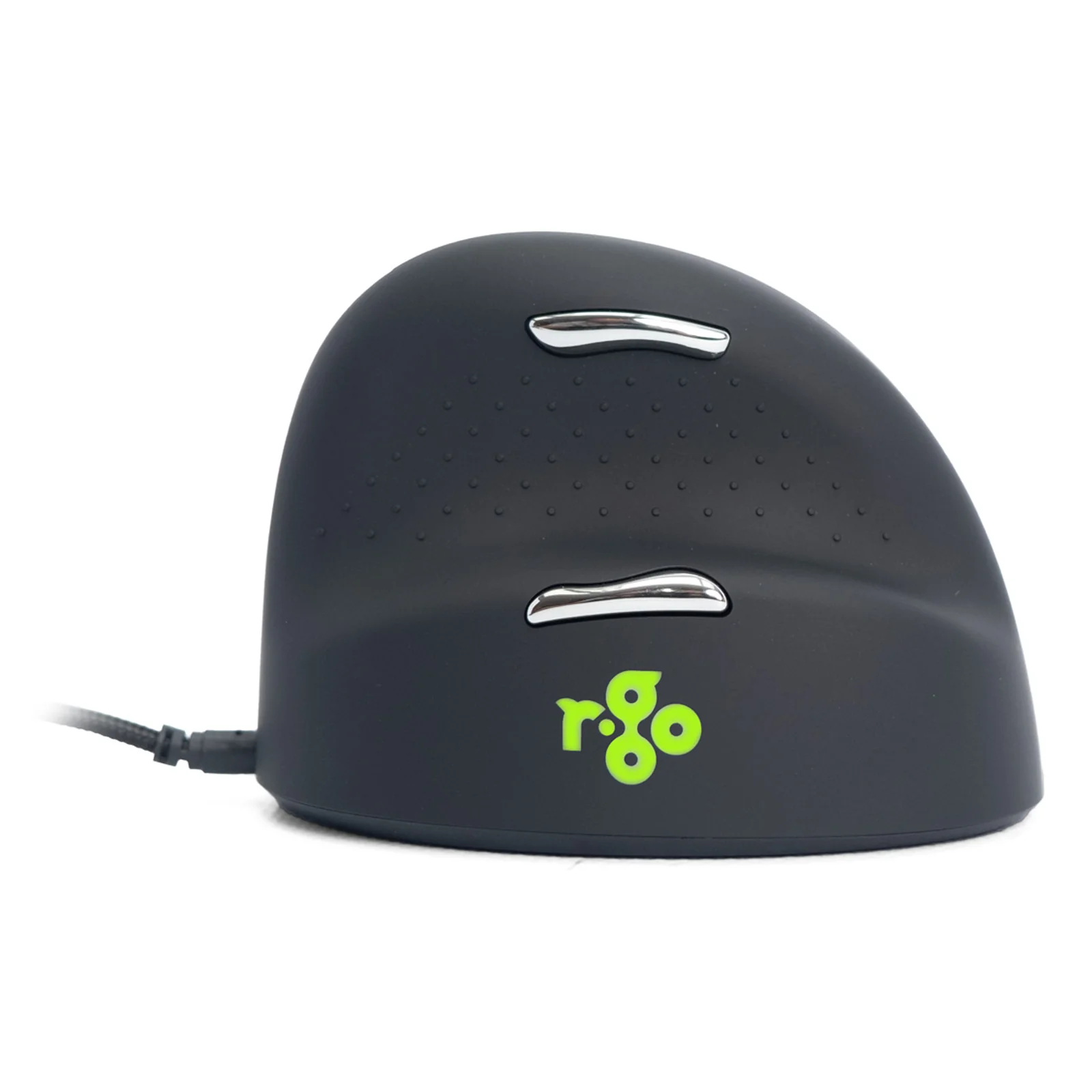 Face arrière de la souris HE Break en noir avec logo R-Go vert et boutons latéraux