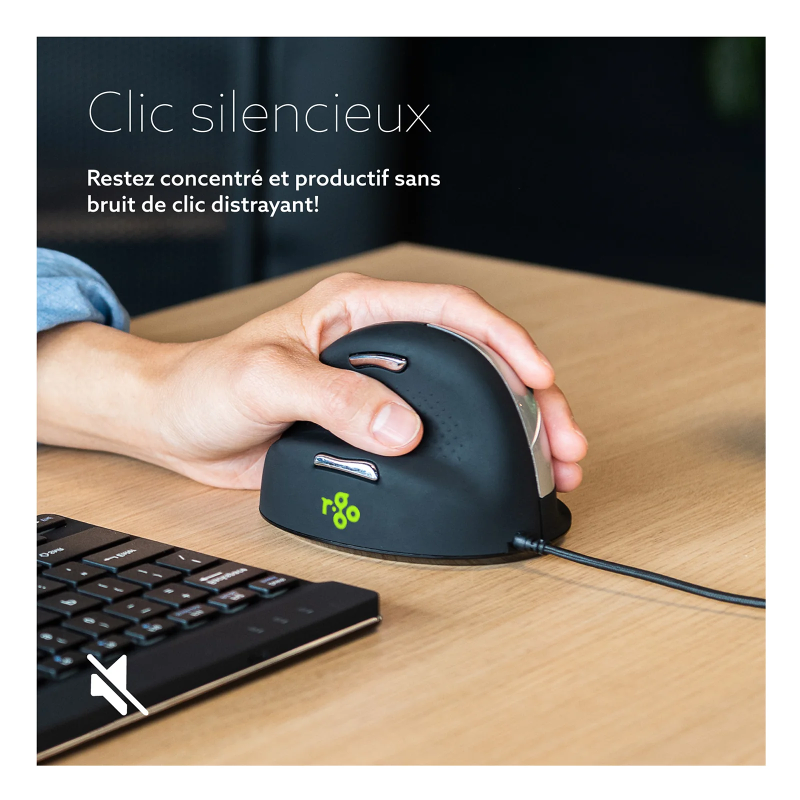 Visuel clic silencieux, icône muet et souris posée sur clavier