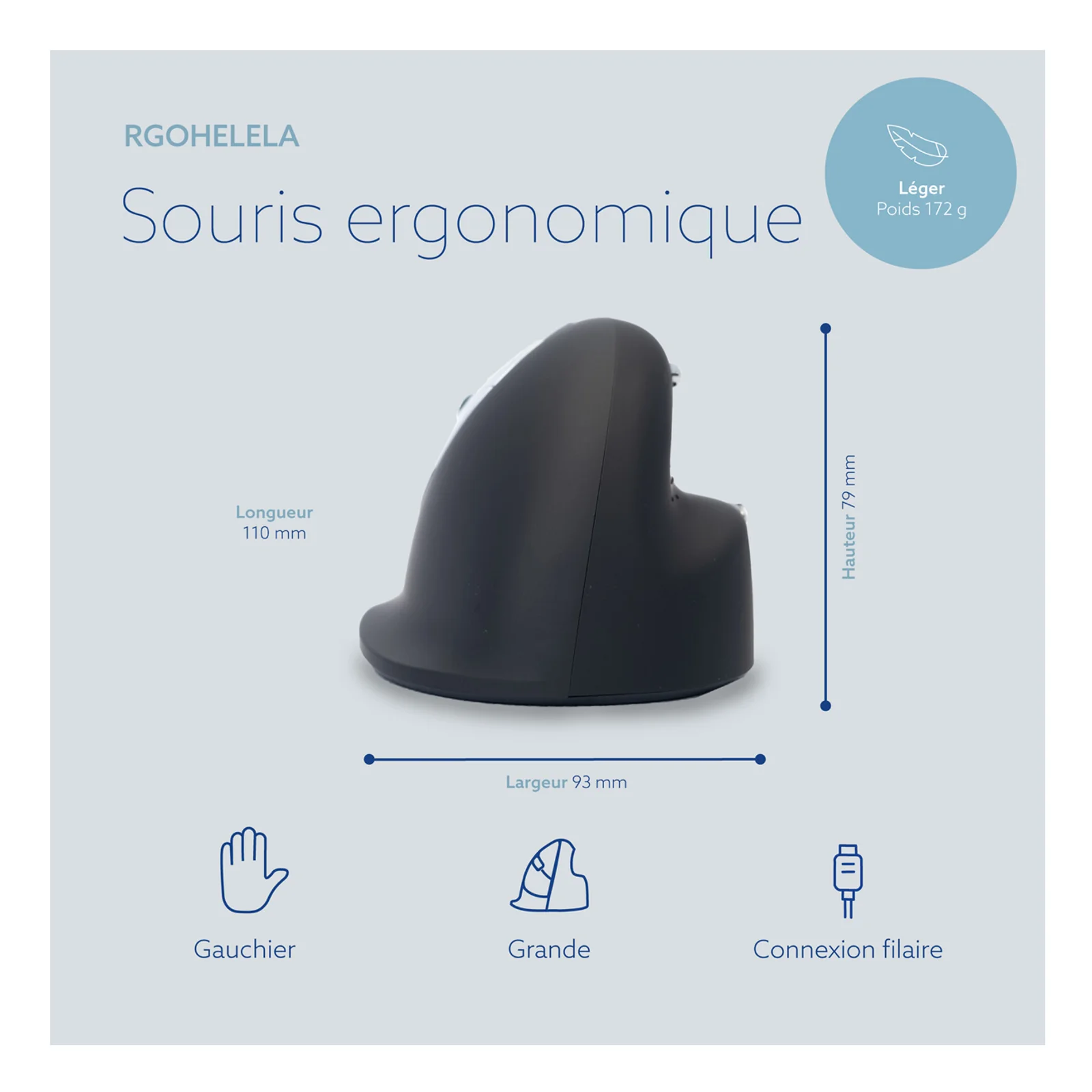 Schéma de dimensions de la souris avec annotations gaucher et grande taille