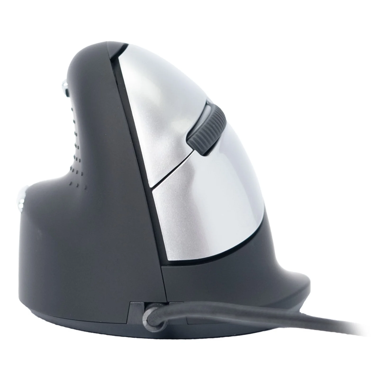 Vue de profil, dessus argenté chromé, corps noir, câble USB visible