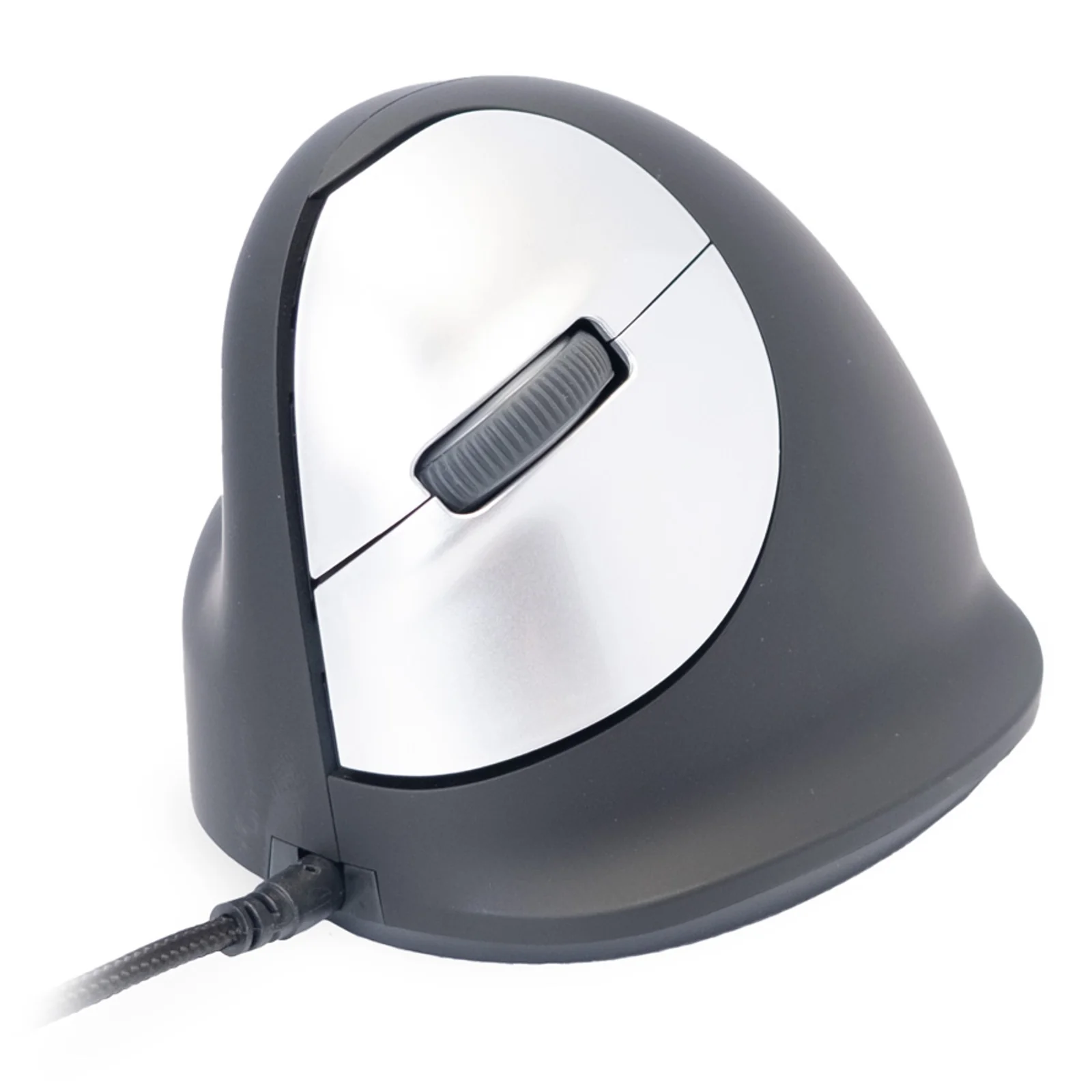 Vue de face, molette de défilement, boutons, design bicolore argent et noir