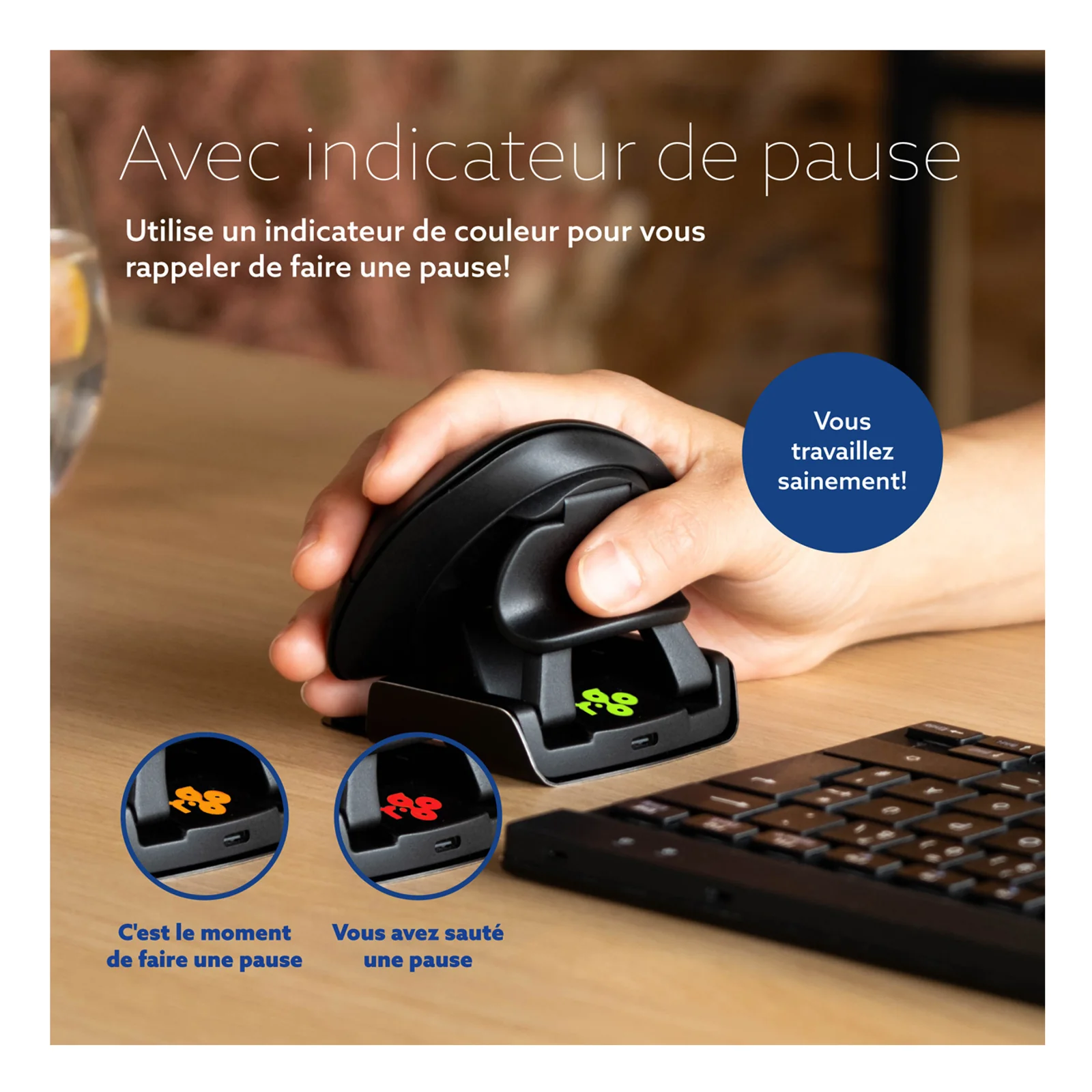 Infographie indicateur LED de pause R-Go HE Twister, code couleur vert orange rouge