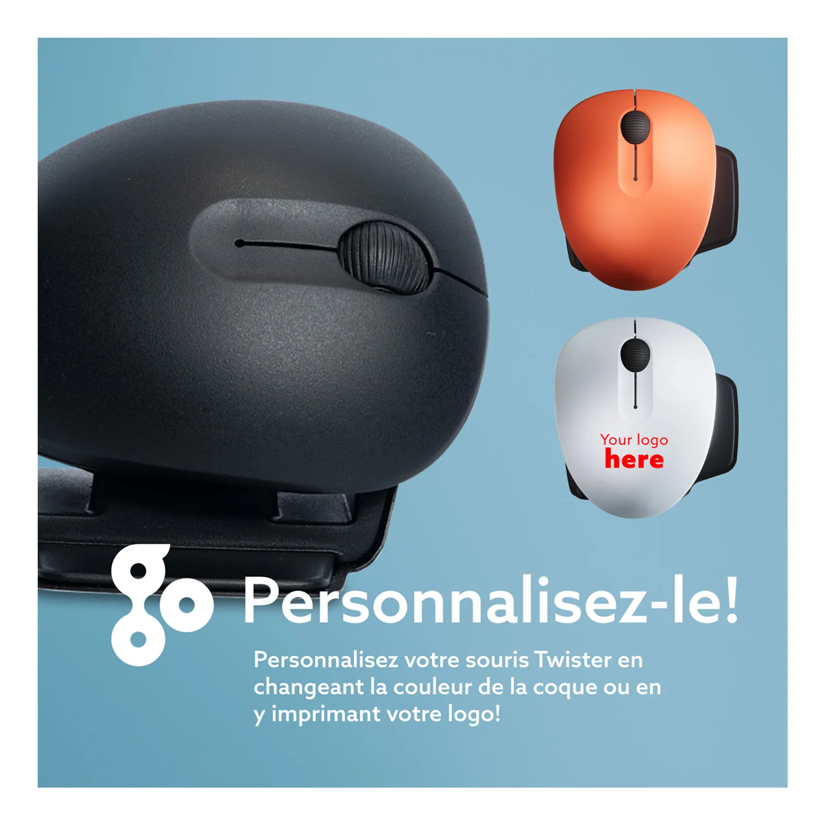 Infographie personnalisation couleur coque et logo de la souris R-Go HE Twister