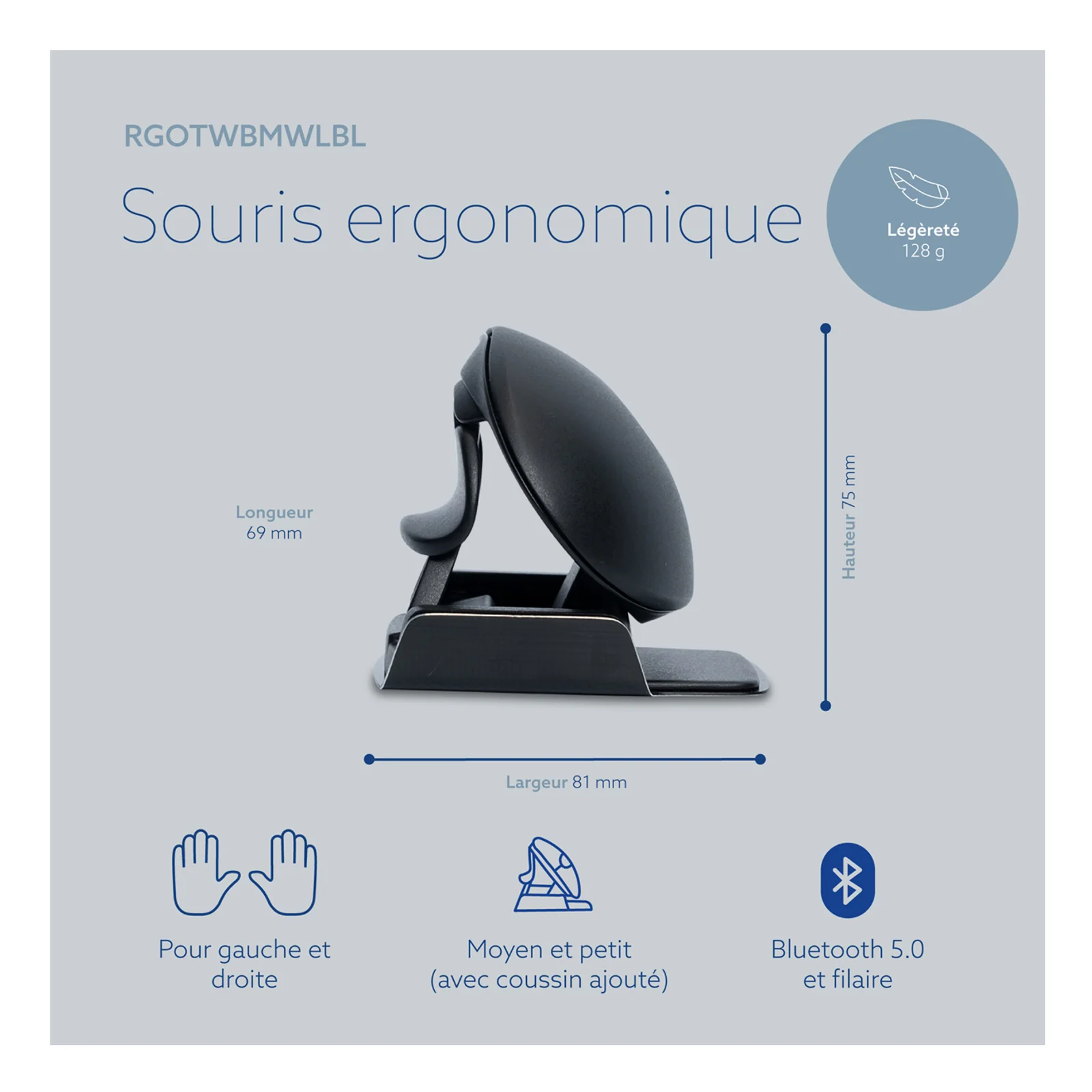 Infographie dimensions, Bluetooth 5.0 et taille M pour mains 165-185 mm, référence RGOTWBMWLBL