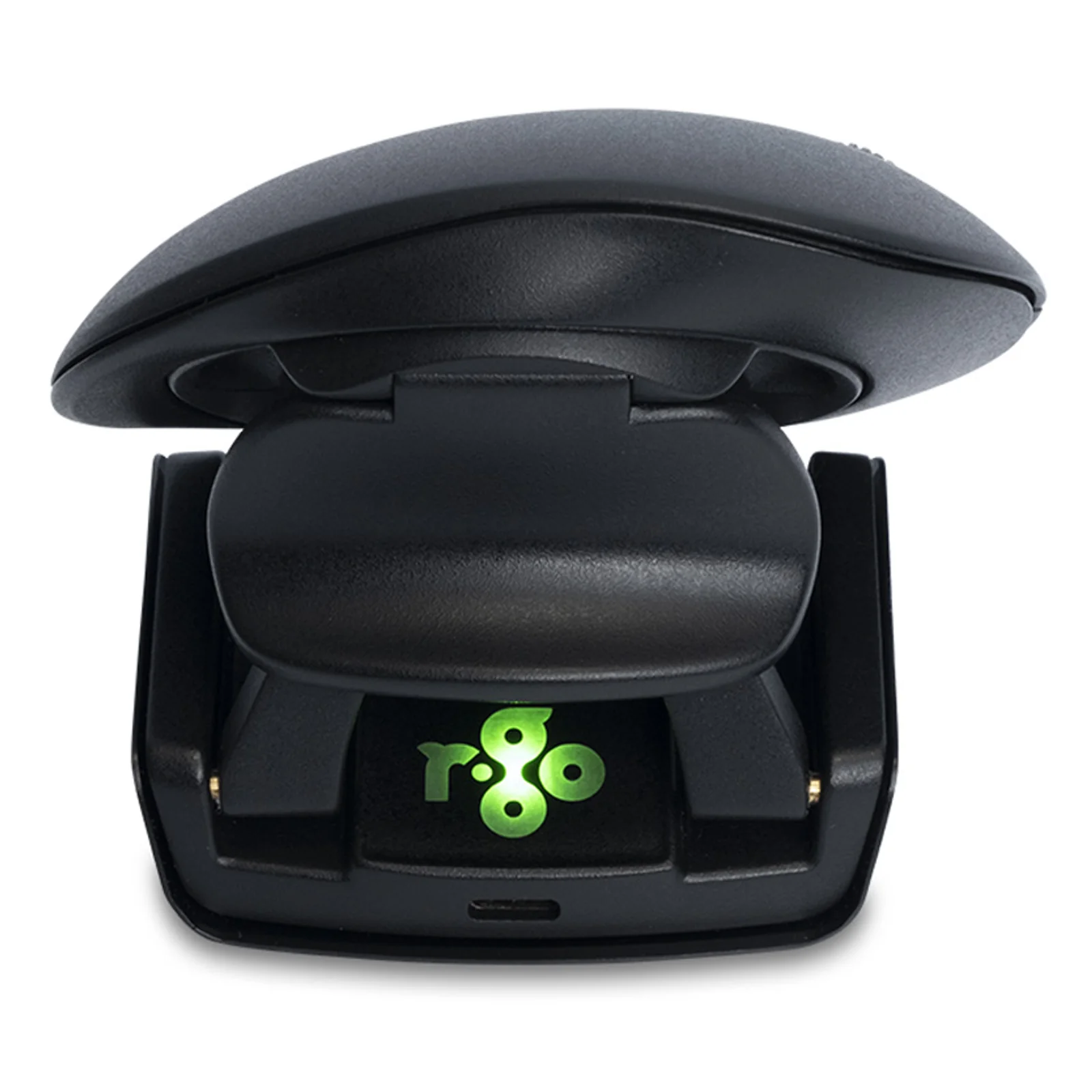 Vue plongeante de la R-Go HE Twister sur socle noir, logo R-Go vert visible en bas
