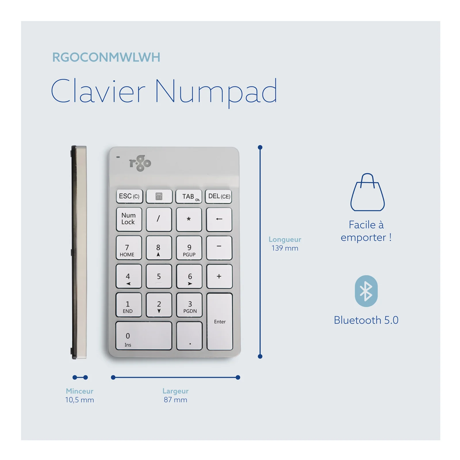 Boîte R-Go Numpad Break RGOCONMWLWH avec dimensions affichées et mention Bluetooth 5.0
