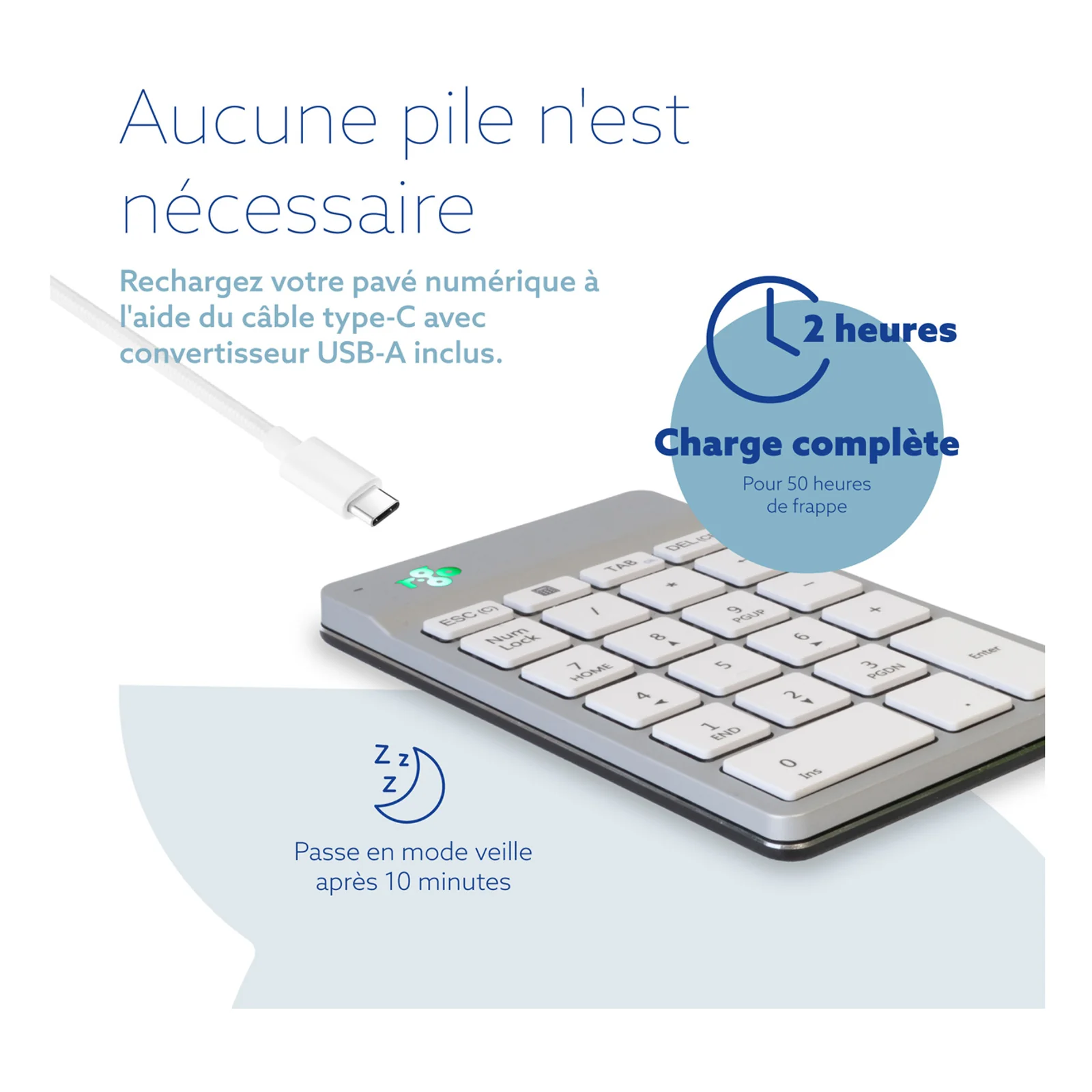 R-Go Numpad Break et câble USB-C, overlay recharge 2 h et veille après 10 minutes