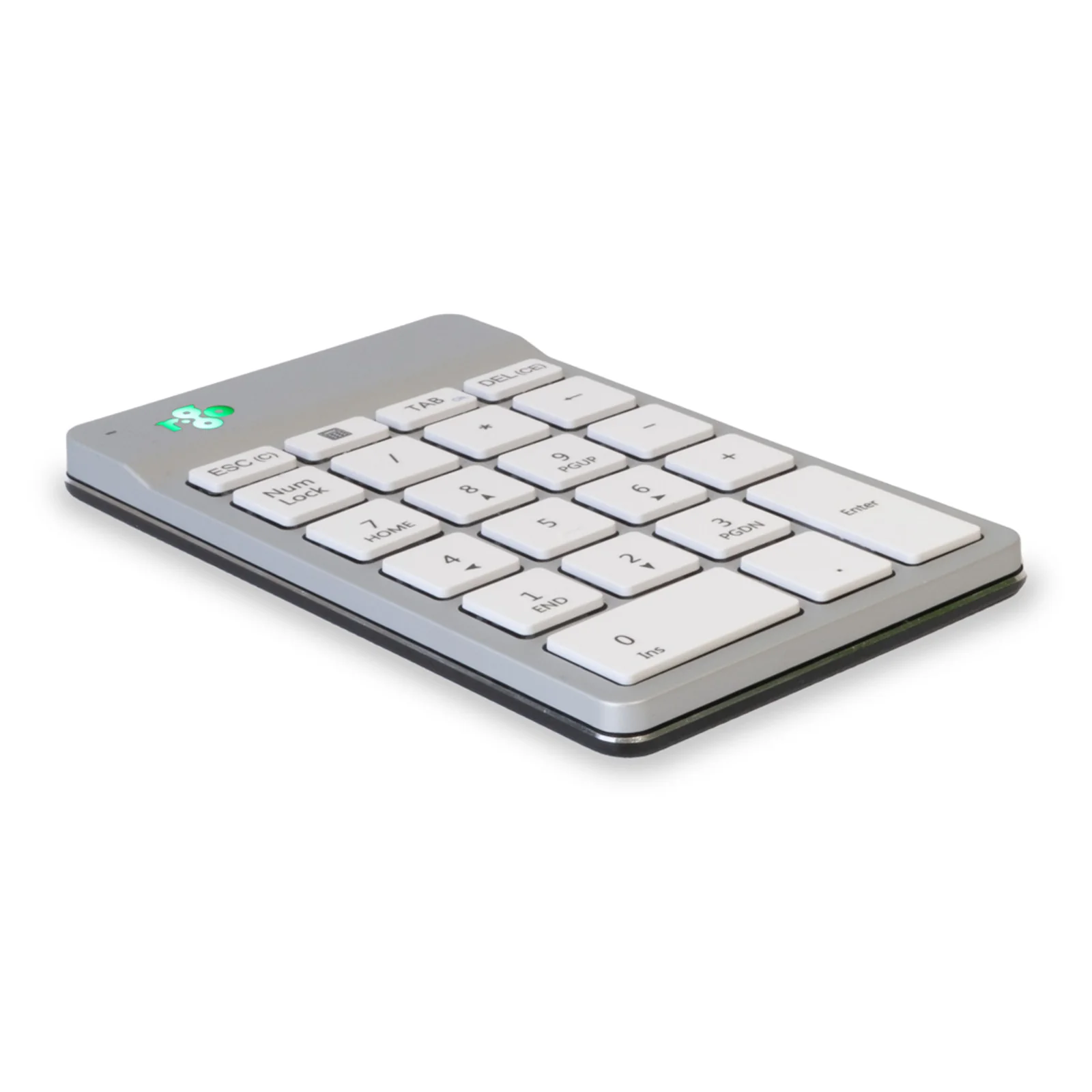 R-Go Numpad Break blanc, angle arrière légèrement en plongée, fond bleu