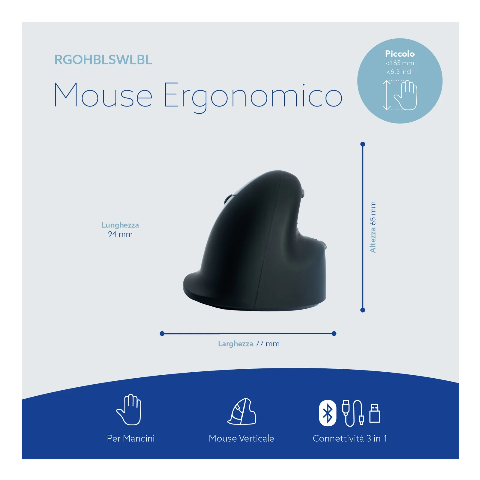 Boîte produit R-Go souris ergonomique RGOHBLSWLBL, packaging espagnol, fond blanc