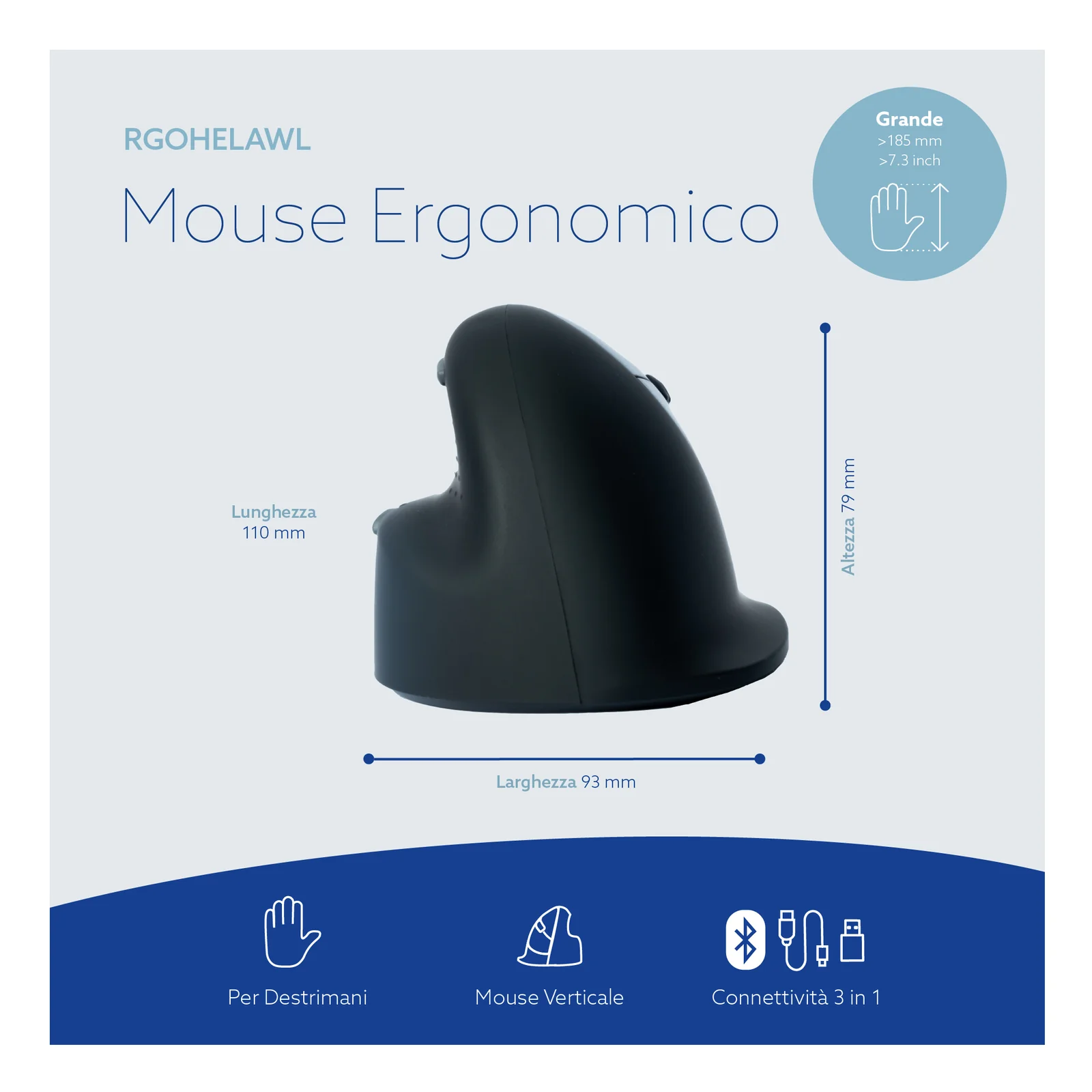 Boîte produit R-Go souris ergonomique RGOHBLAWL, packaging italien, fond blanc