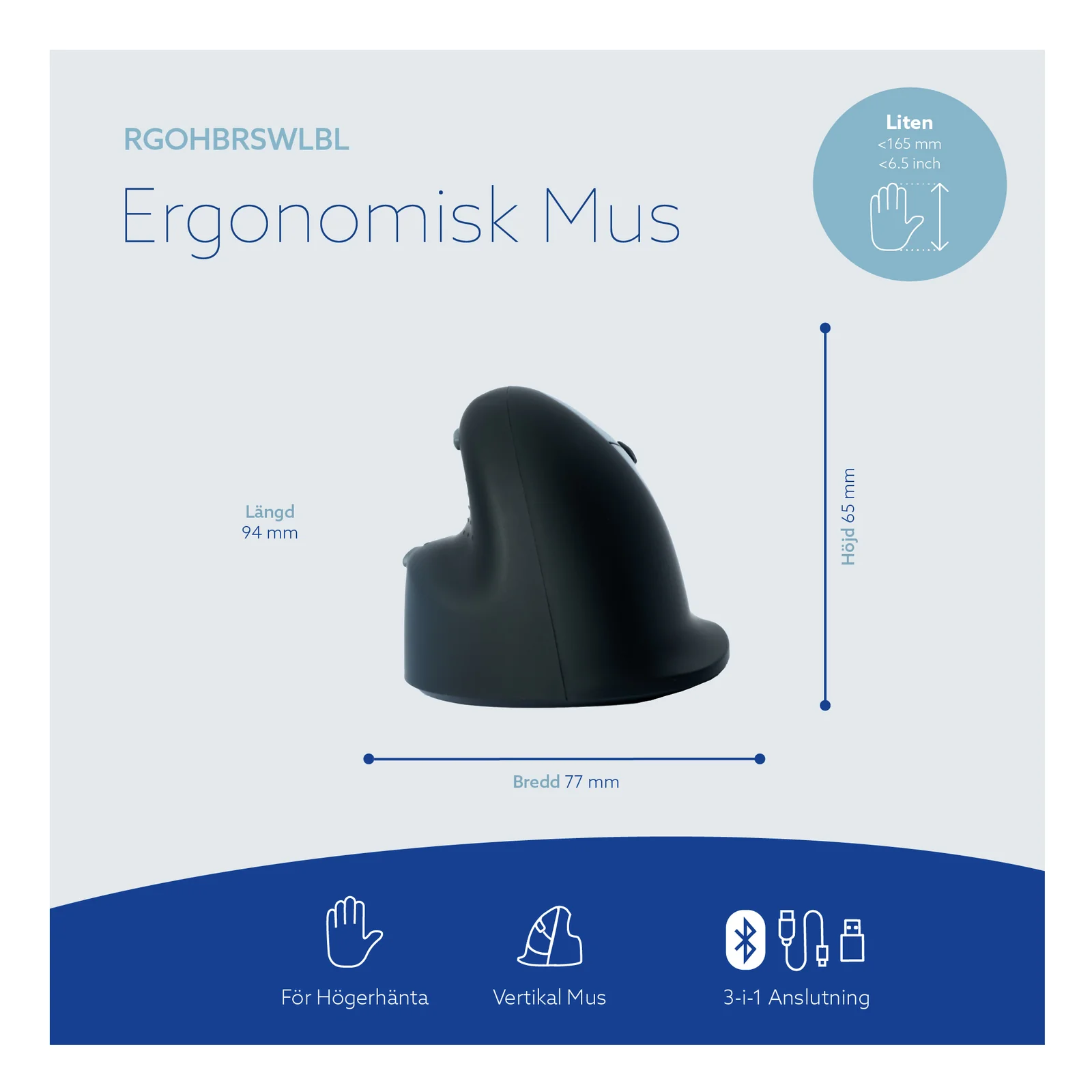 Boîte produit R-Go souris ergonomique RGOHBLSWL, packaging suédois, fond blanc