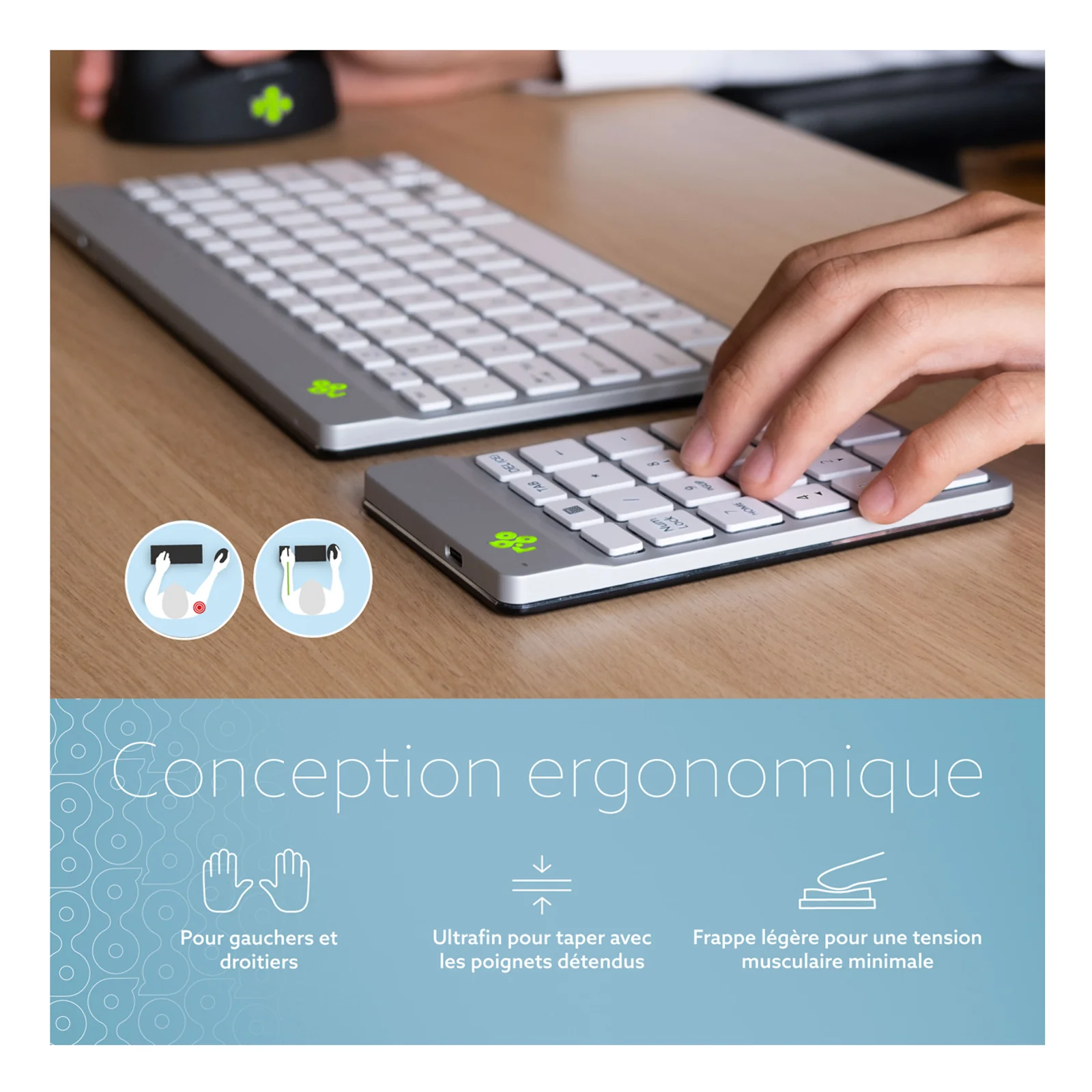 Mains sur clavier et R-Go Numpad Break sur bureau, overlay conception ergonomique