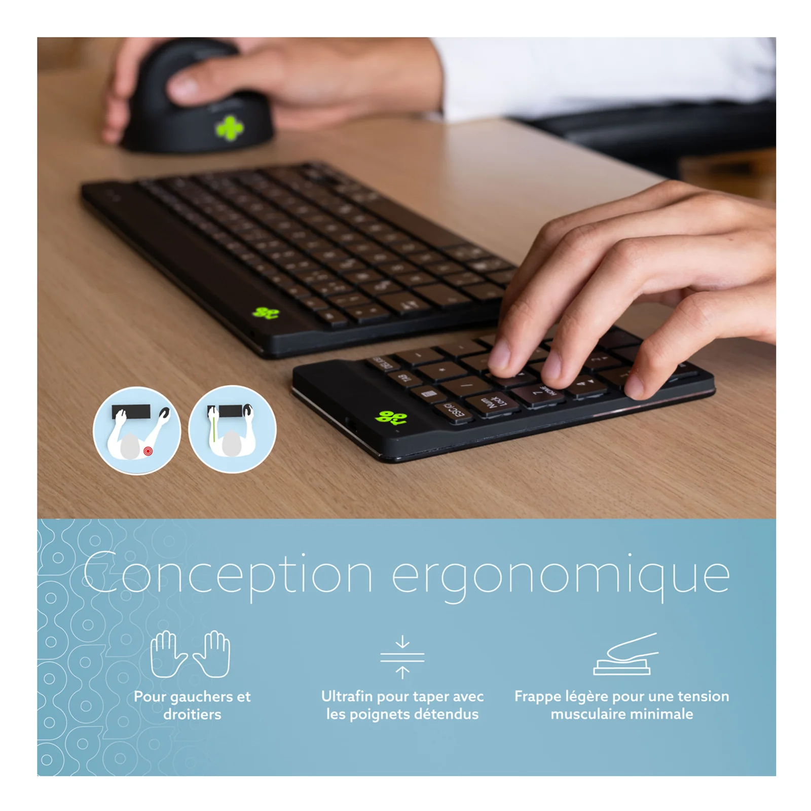 Mains sur un clavier et le pavé numérique R-Go Numpad Break, visuel conception ergonomique