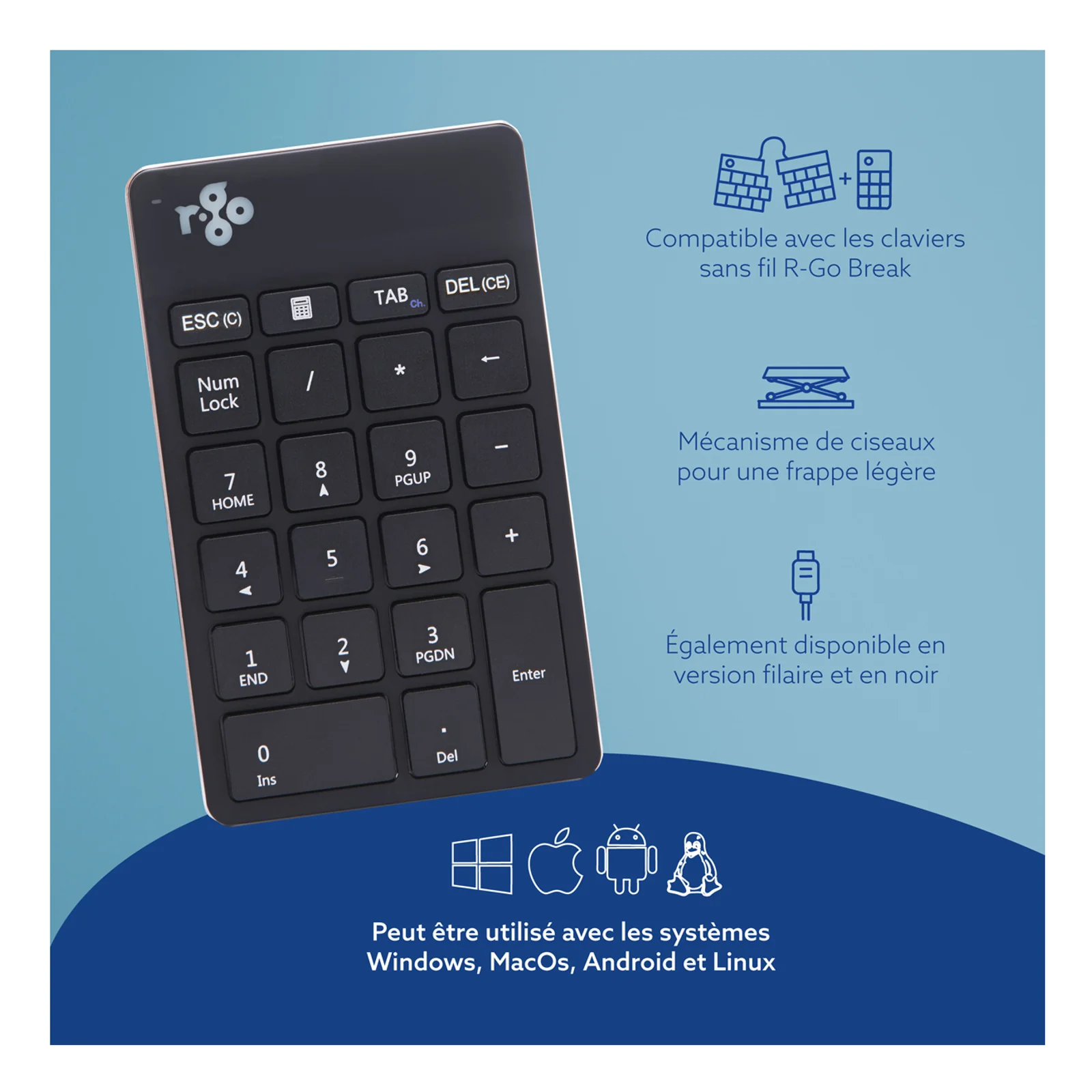 Face arrière du pavé numérique R-Go Numpad Break avec pictogrammes de compatibilité OS et Bluetooth