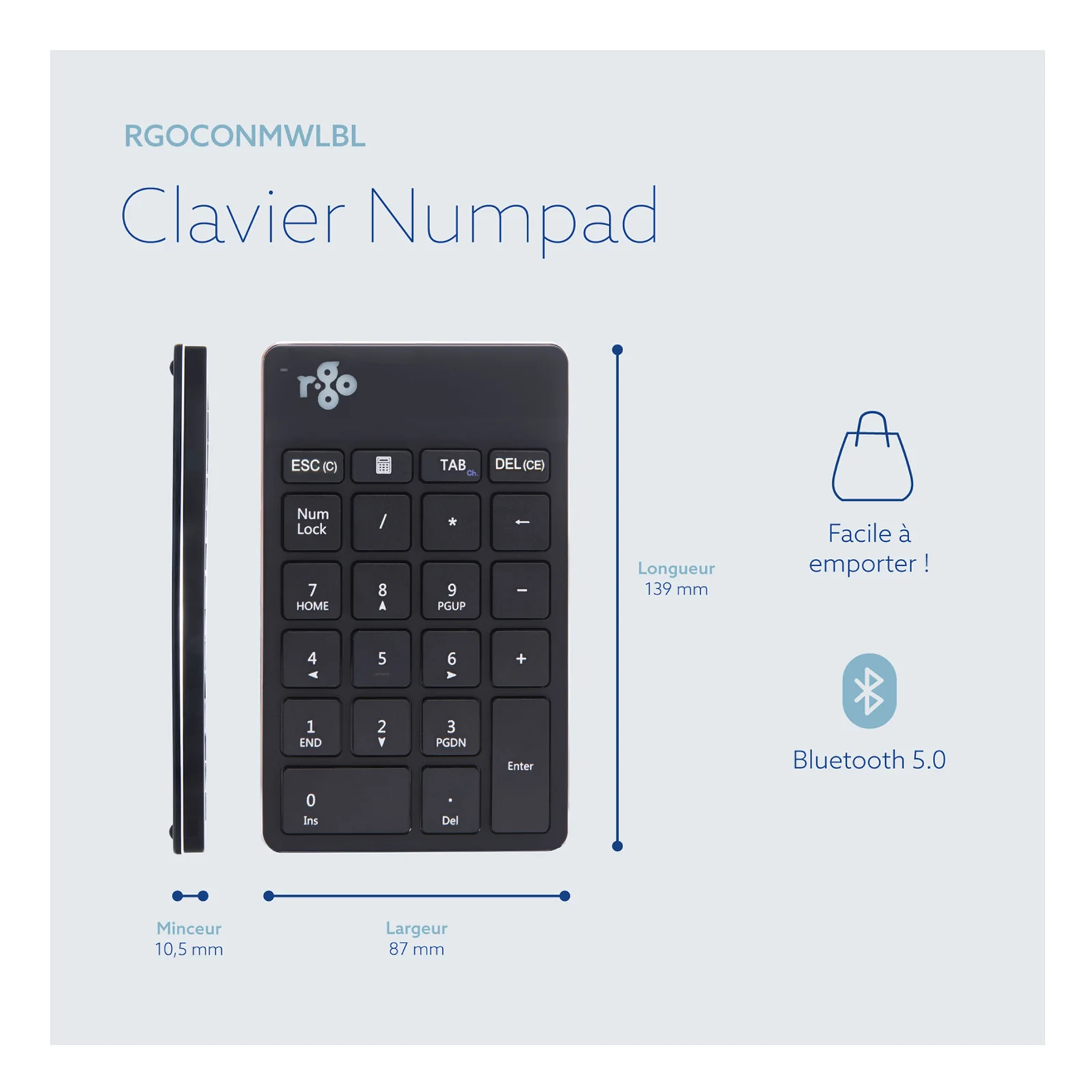 Fiche produit R-Go Numpad Break RGOCONMWLBL montrant les dimensions et la connectivité Bluetooth 5.0