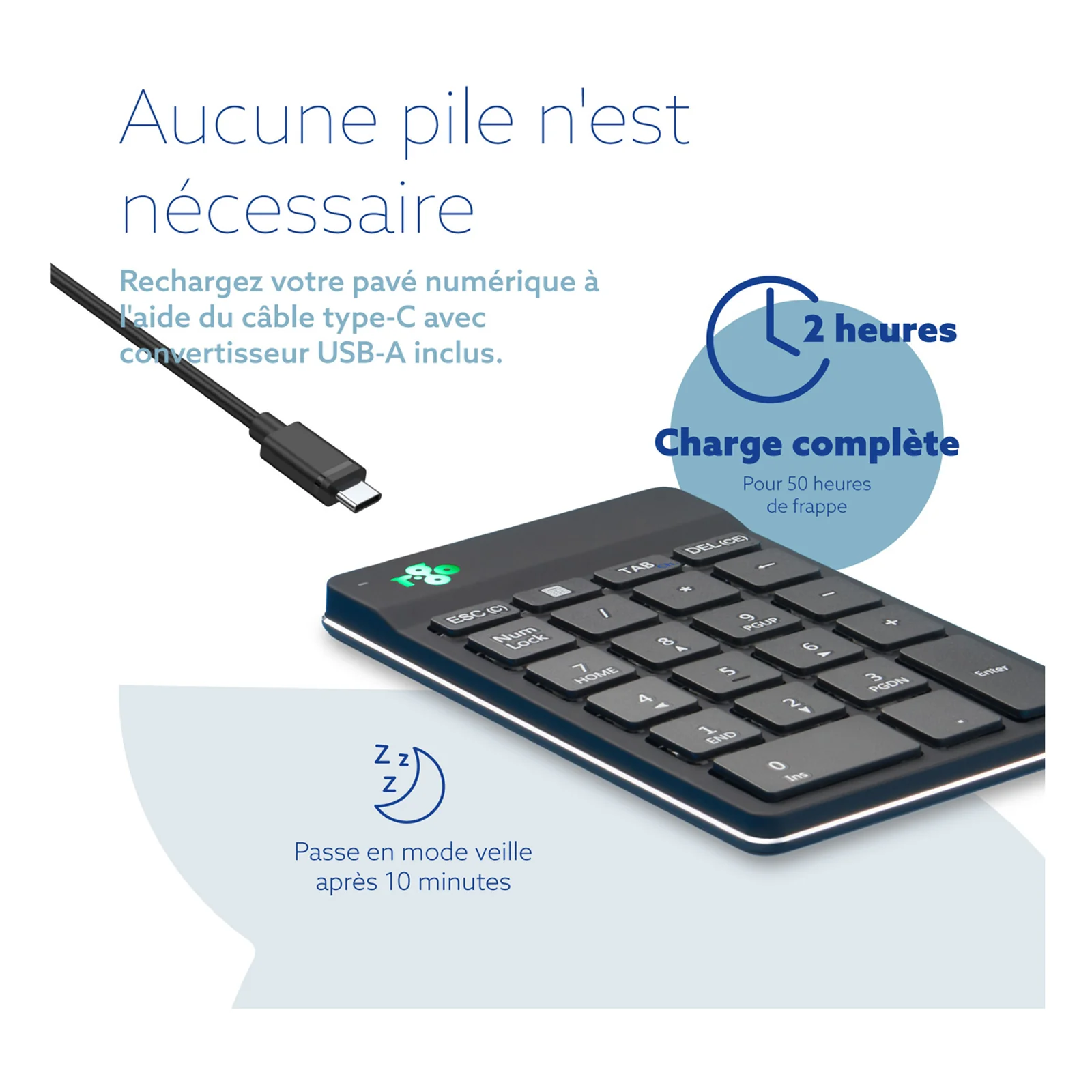 Câble USB-C inclus pour la recharge du pavé numérique R-Go Numpad Break, charge complète en 2 heures