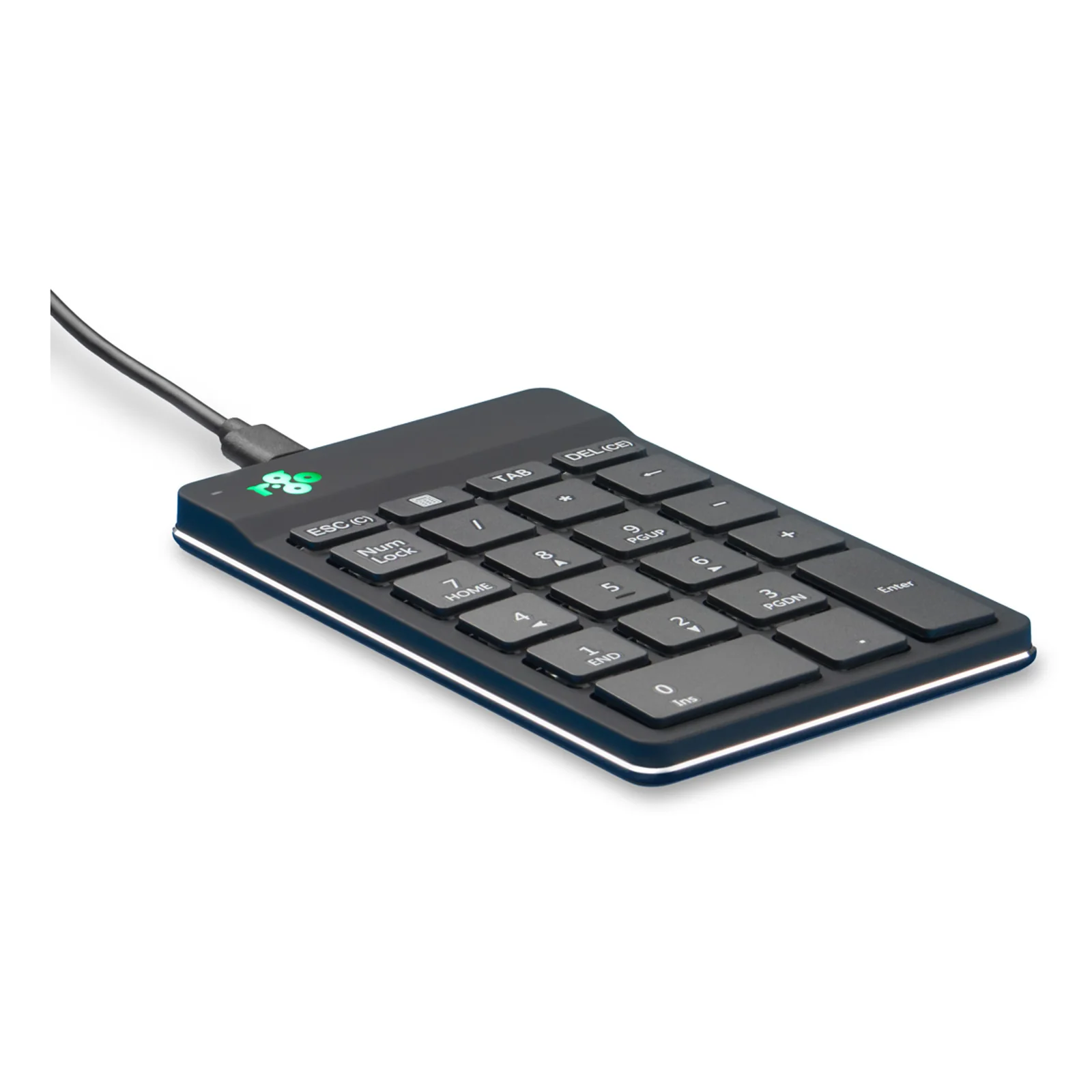 Vue latérale, pavé numérique noir compact avec liseré lumineux bleu, fond sombre