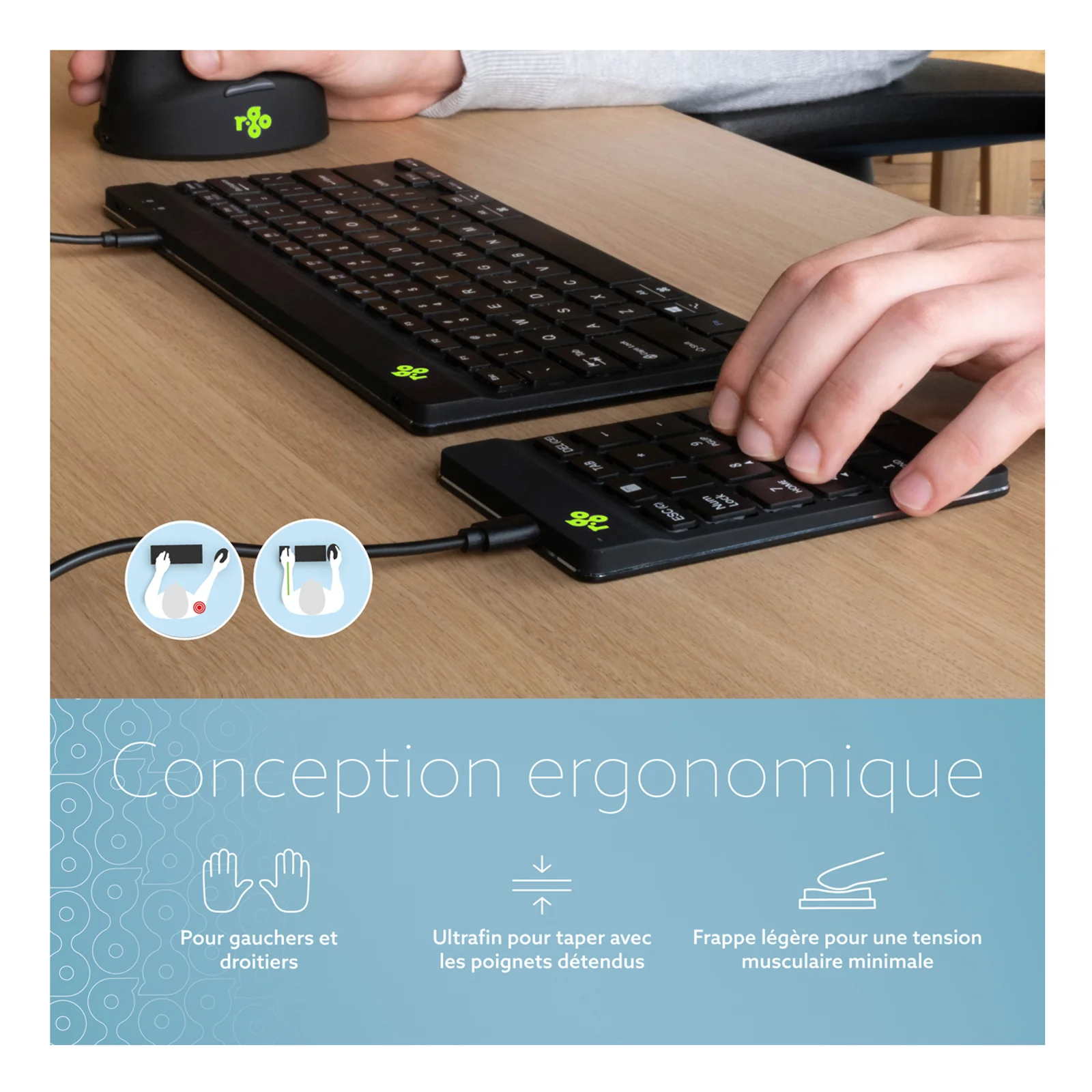 Visuel en français, pavé numérique et souris sur bureau, icônes ergonomiques