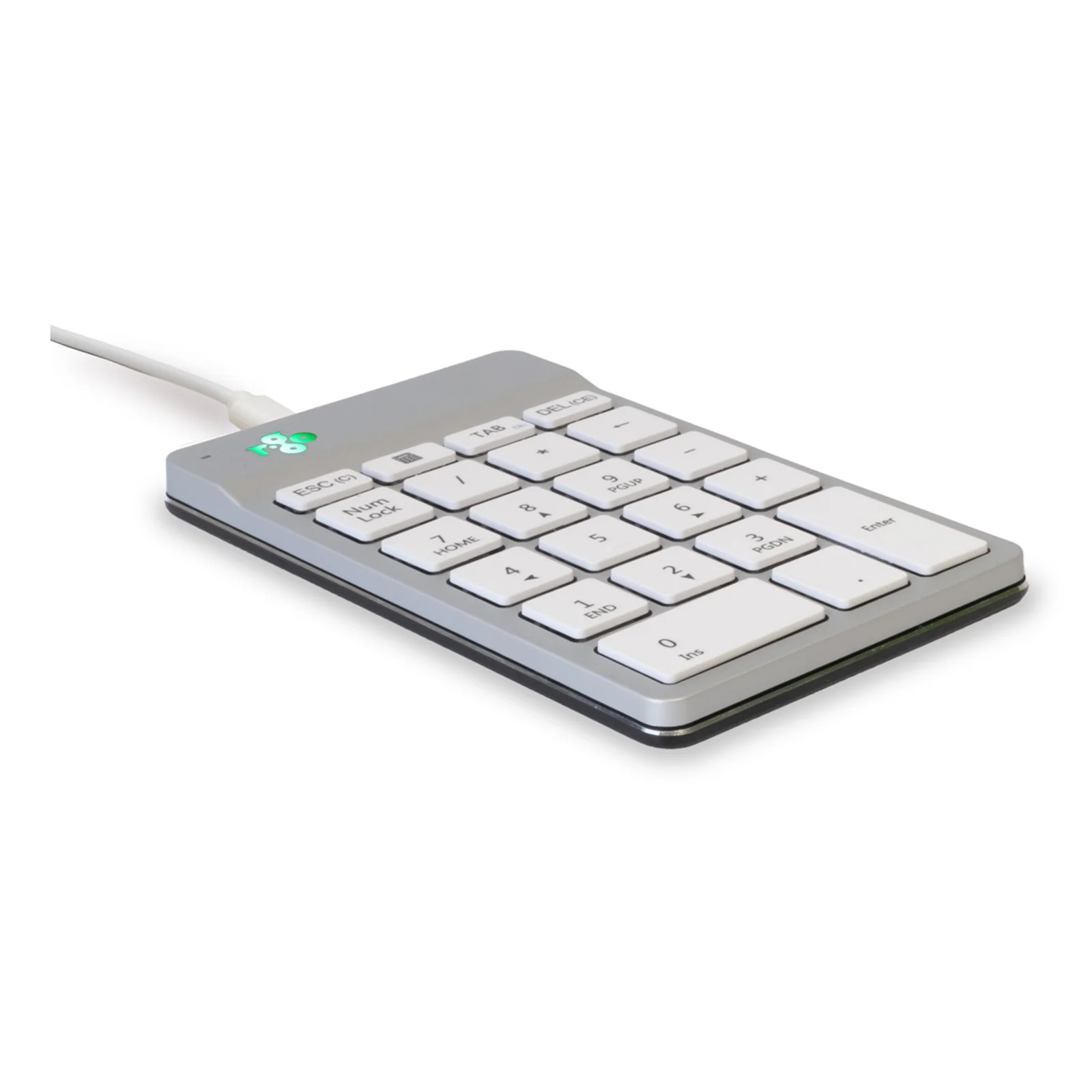 Pavé numérique blanc R-Go Numpad Break avec câble USB, vue frontale sur fond gris foncé
