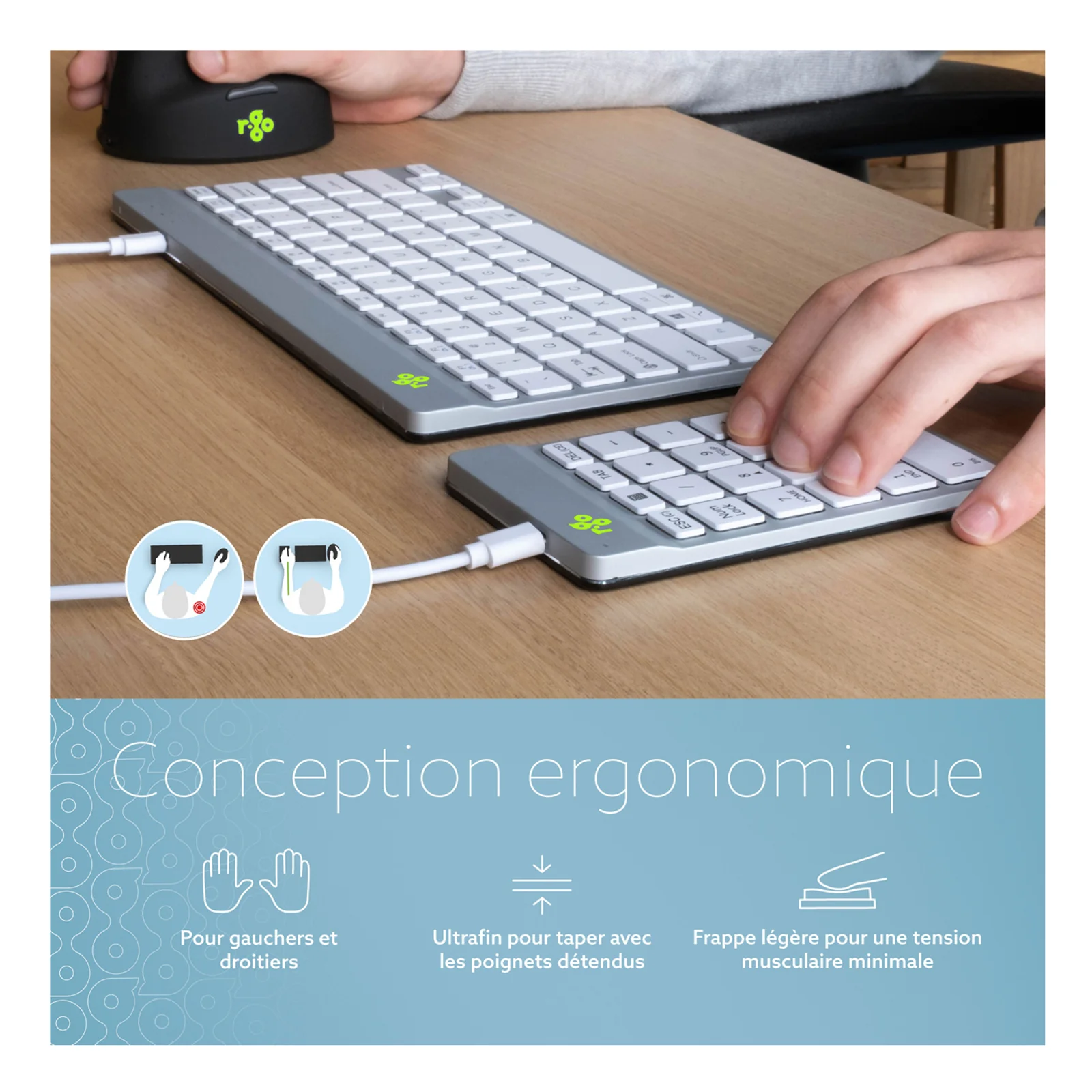 Visuel promotionnel du R-Go Numpad Break blanc avec icônes ergonomiques et texte en français sur fond bleu