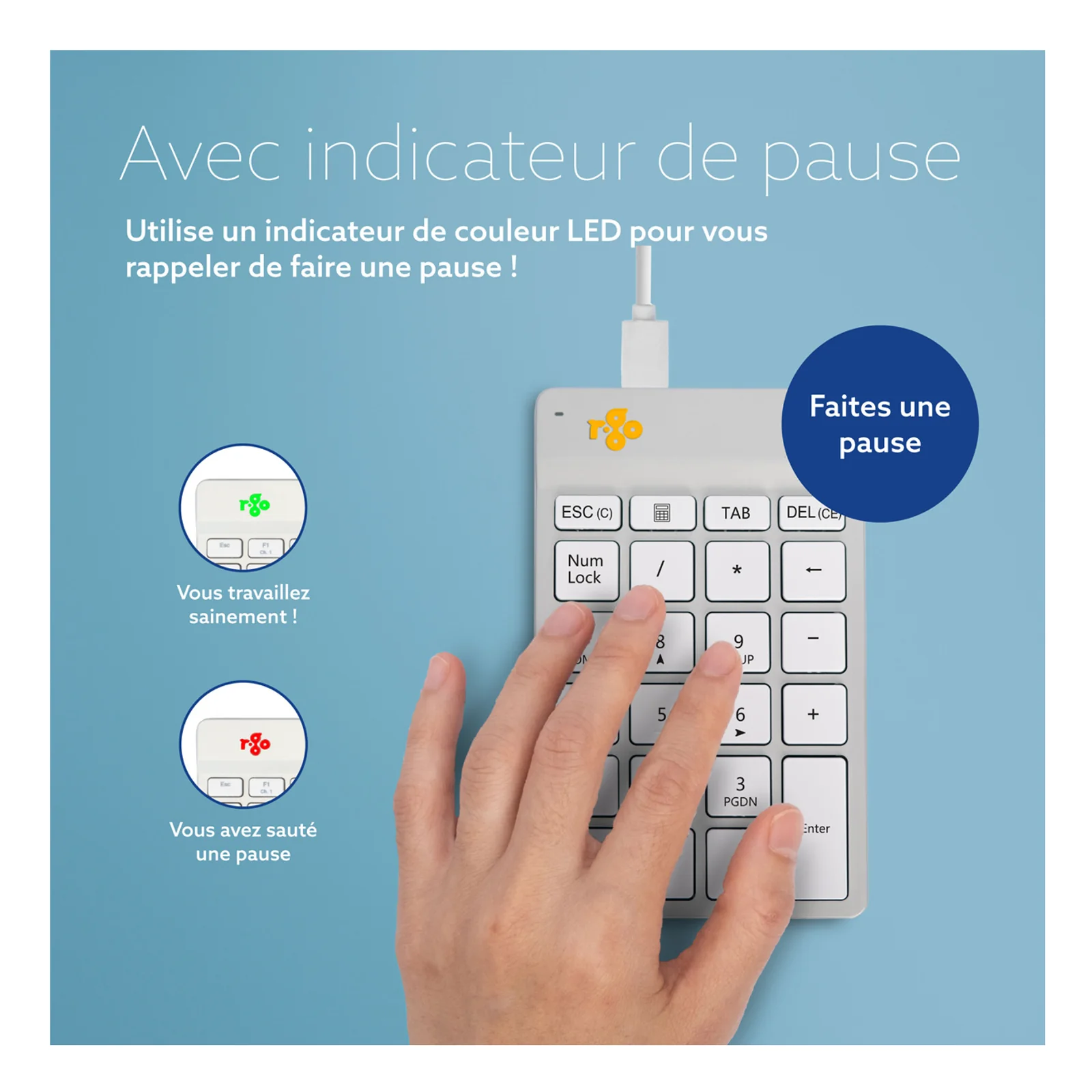 Gros plan sur le R-Go Numpad Break blanc, indicateur LED visible et texte de la fonction rappel de pause en français