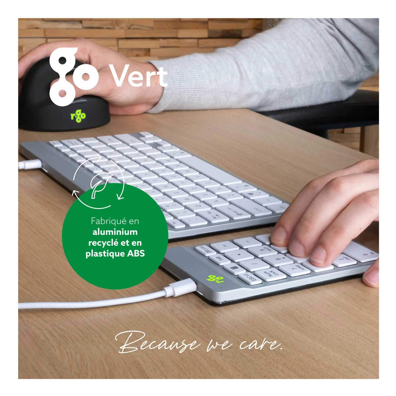 R-Go Numpad Break blanc sur bureau, badge Vert avec mention aluminium recyclé et plastique ABS