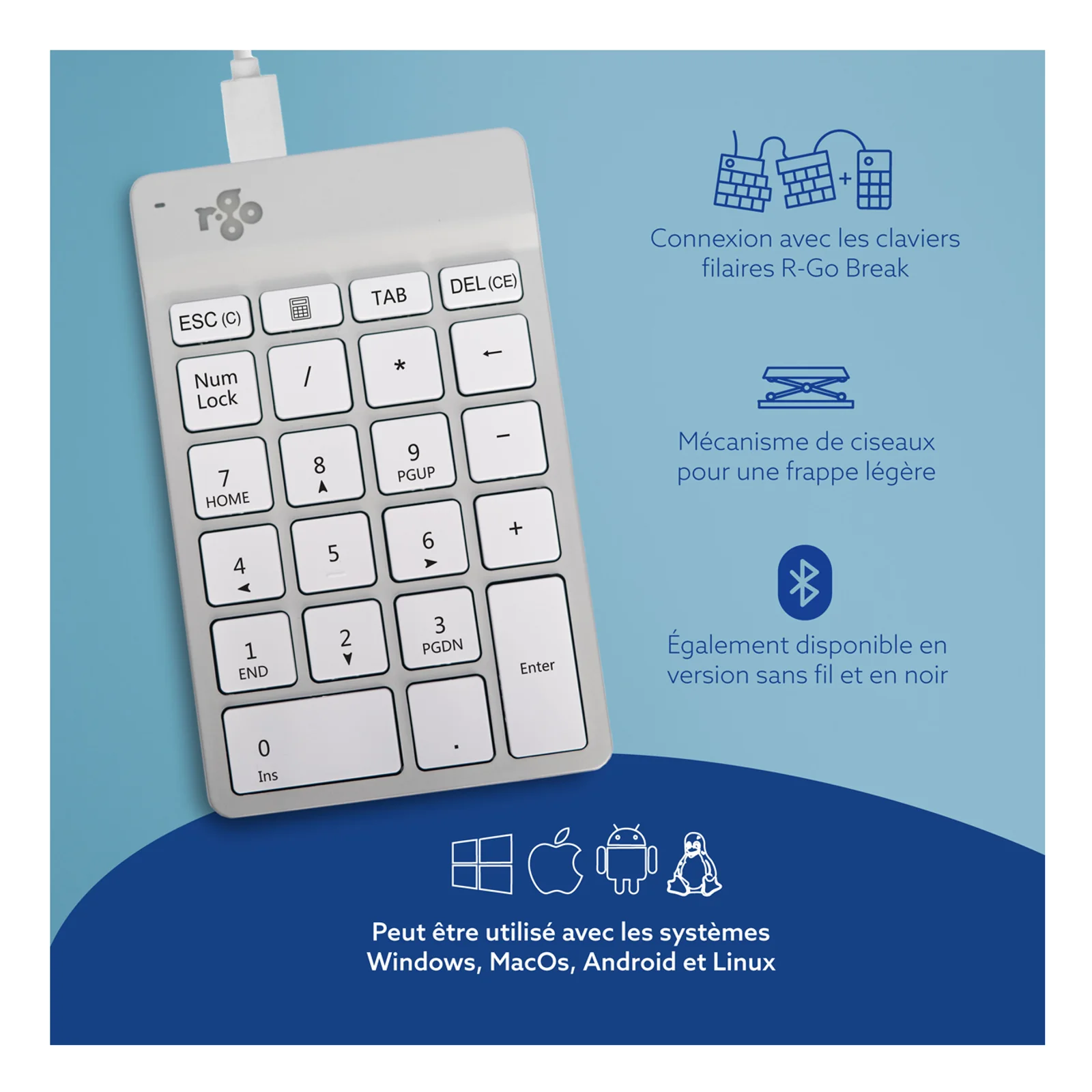 R-Go Numpad Break blanc, pictogrammes de compatibilité Windows Mac Android Linux et mention disponible en version Bluetooth