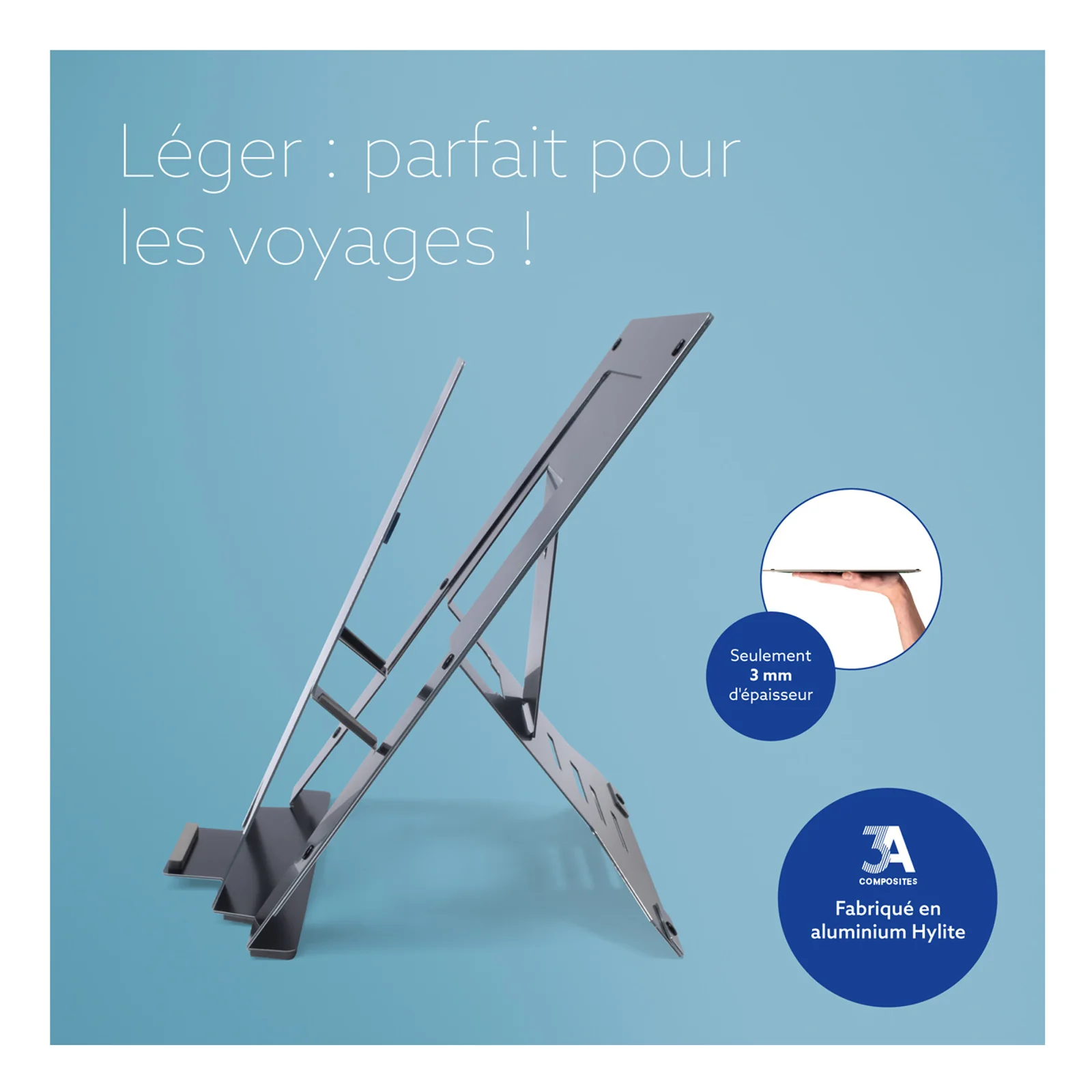 Visuel promo support R-Go plié en aluminium, texte Léger parfait pour les voyages