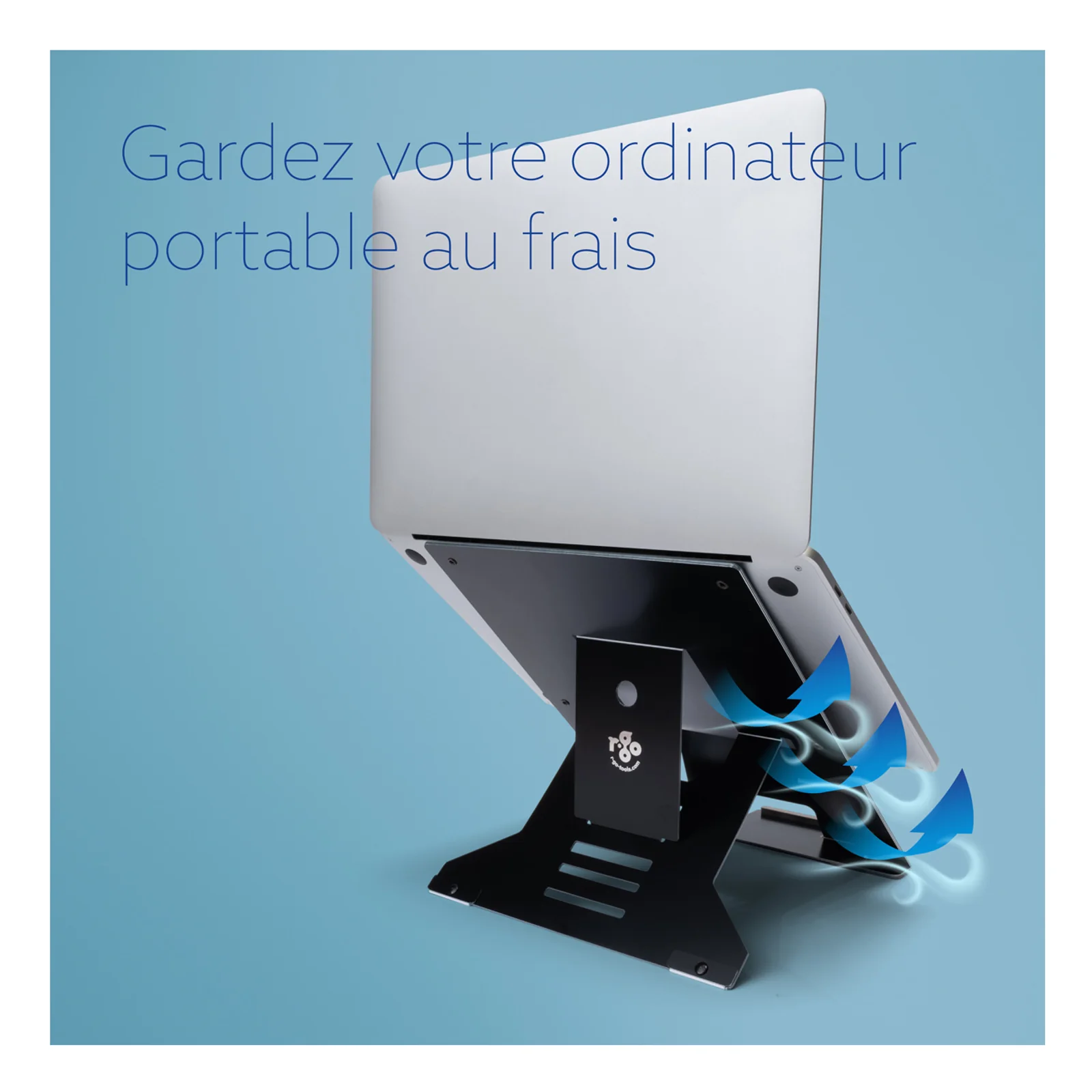 Visuel promo laptop sur support R-Go Riser Document noir avec illustration ventilation
