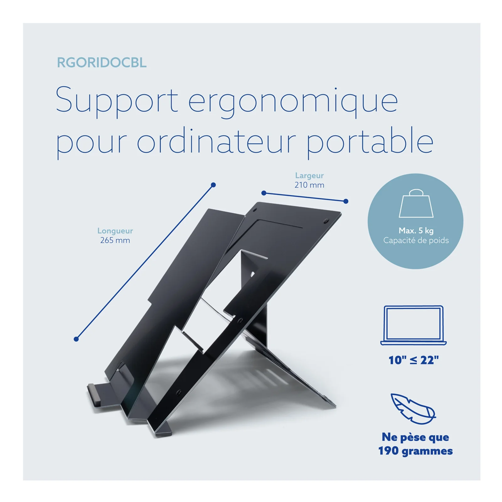 Fiche technique RGORIDOCBL, compatibilité 10 à 22 pouces, poids 190 g, fond blanc