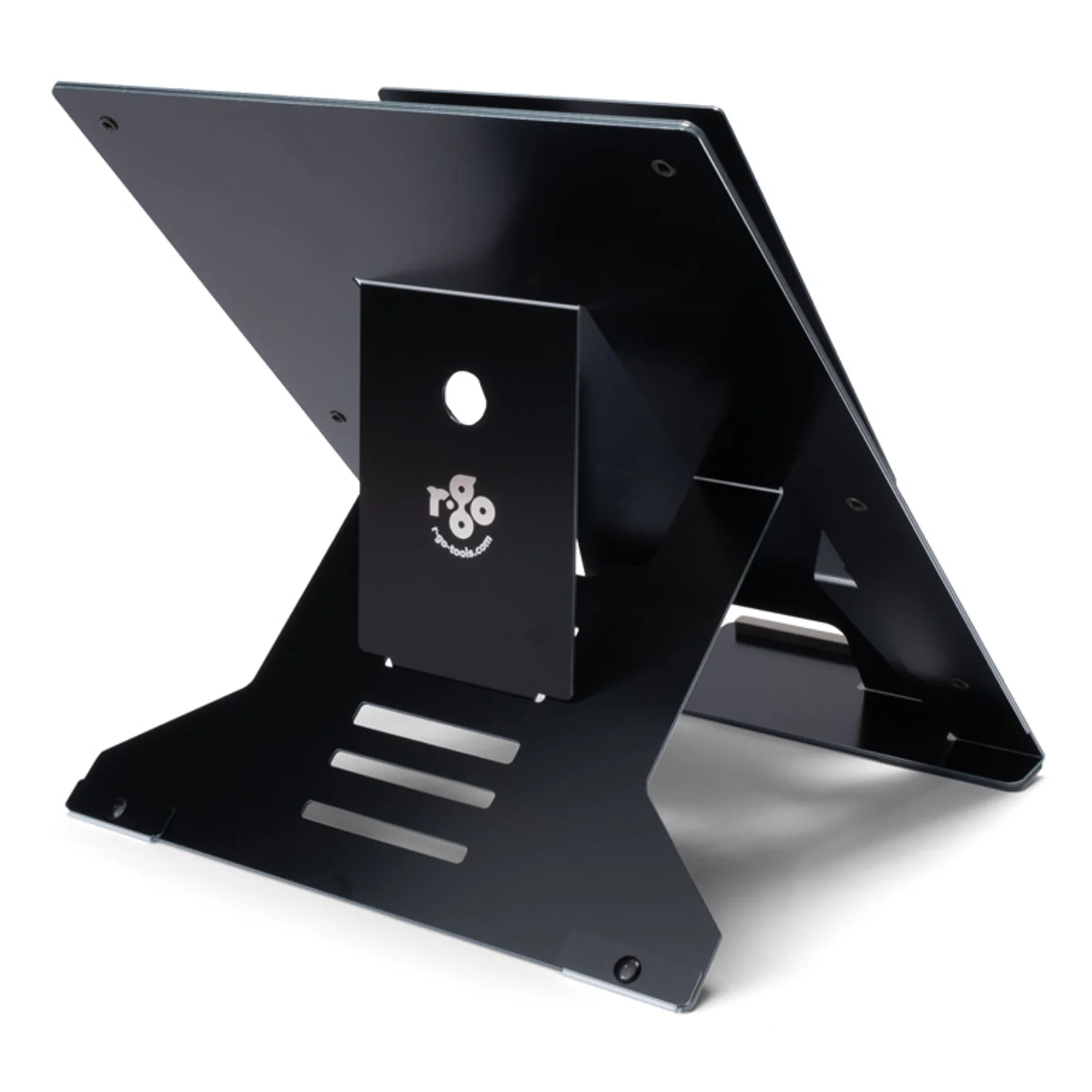 Châssis du support R-Go Riser Document noir vu de dos, structure aluminium perforée visible