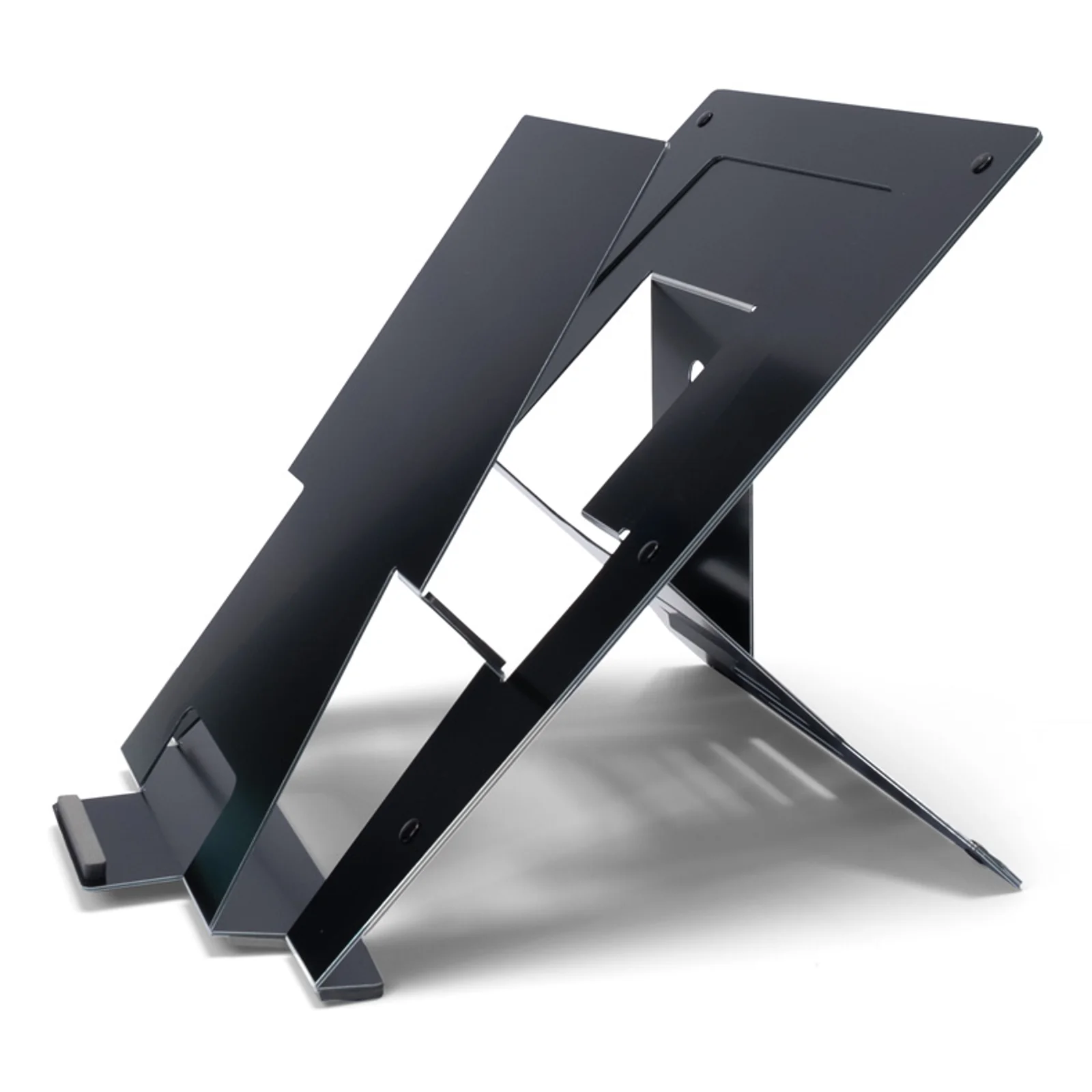 Support R-Go Riser Document noir en position basse vue de face, sans ordinateur