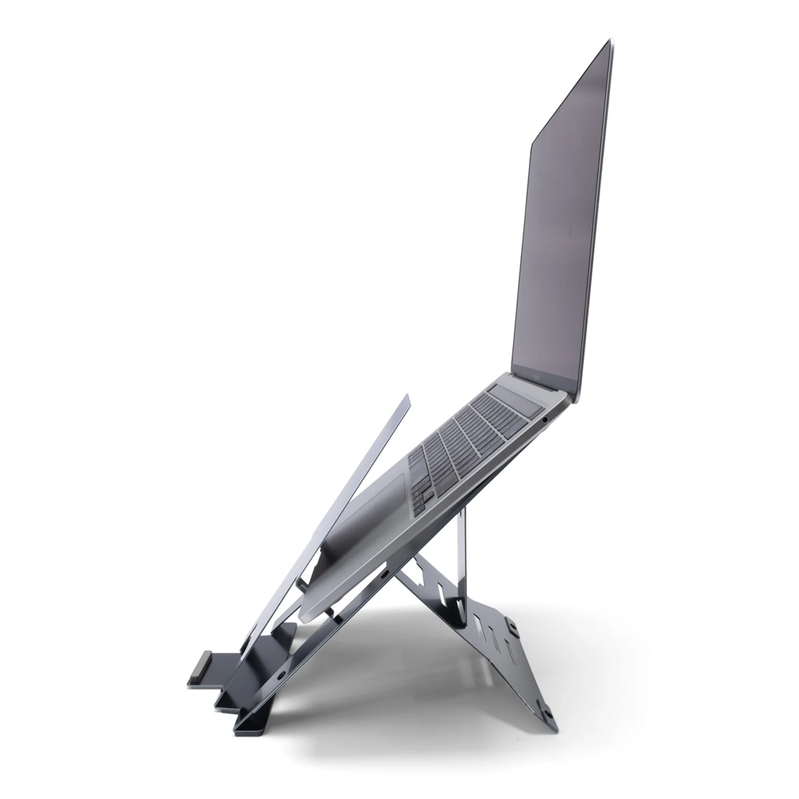 Support R-Go Riser Document aluminium naturel plié vu de côté sans laptop