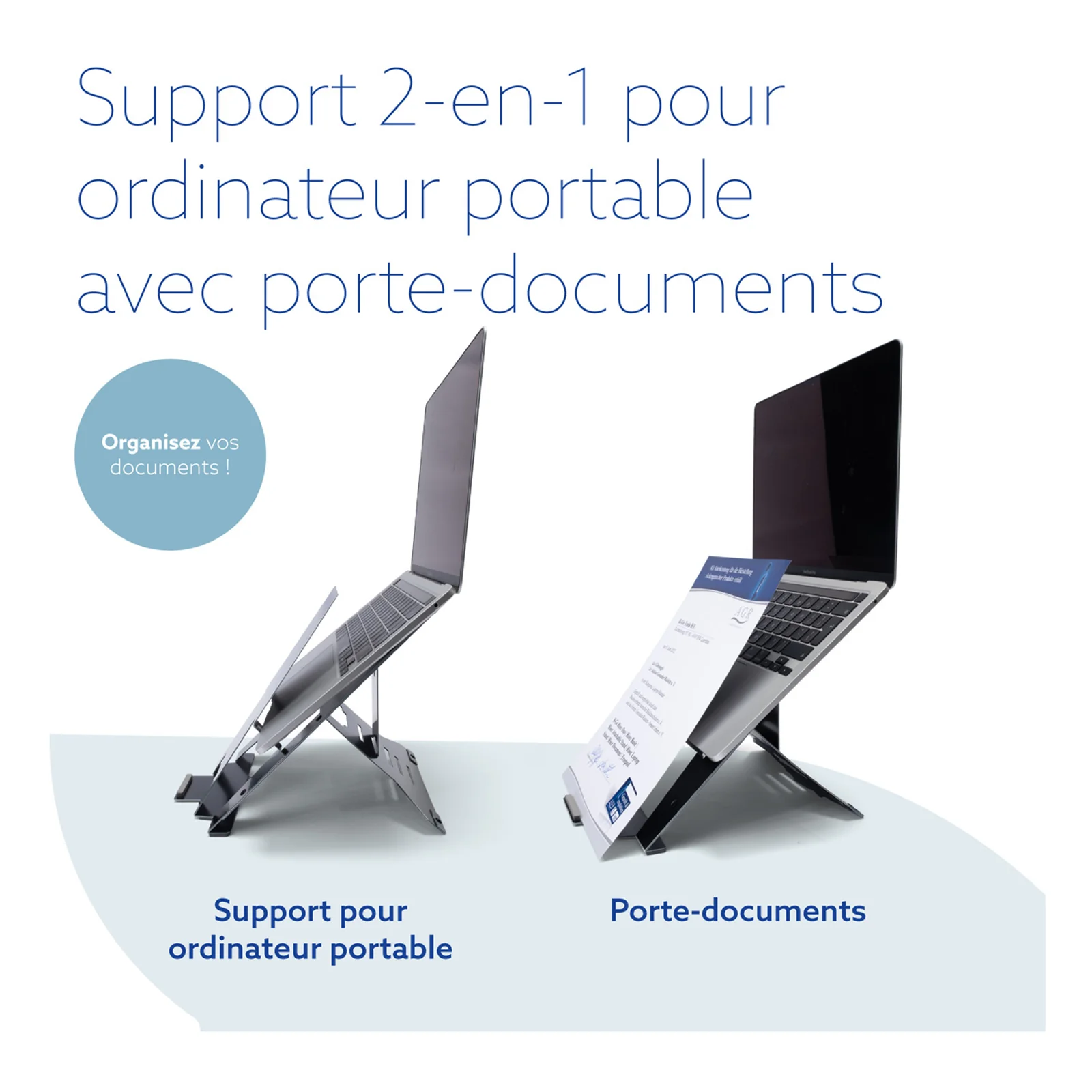 Infographie support 2-en-1, mode laptop à gauche et mode porte-documents à droite