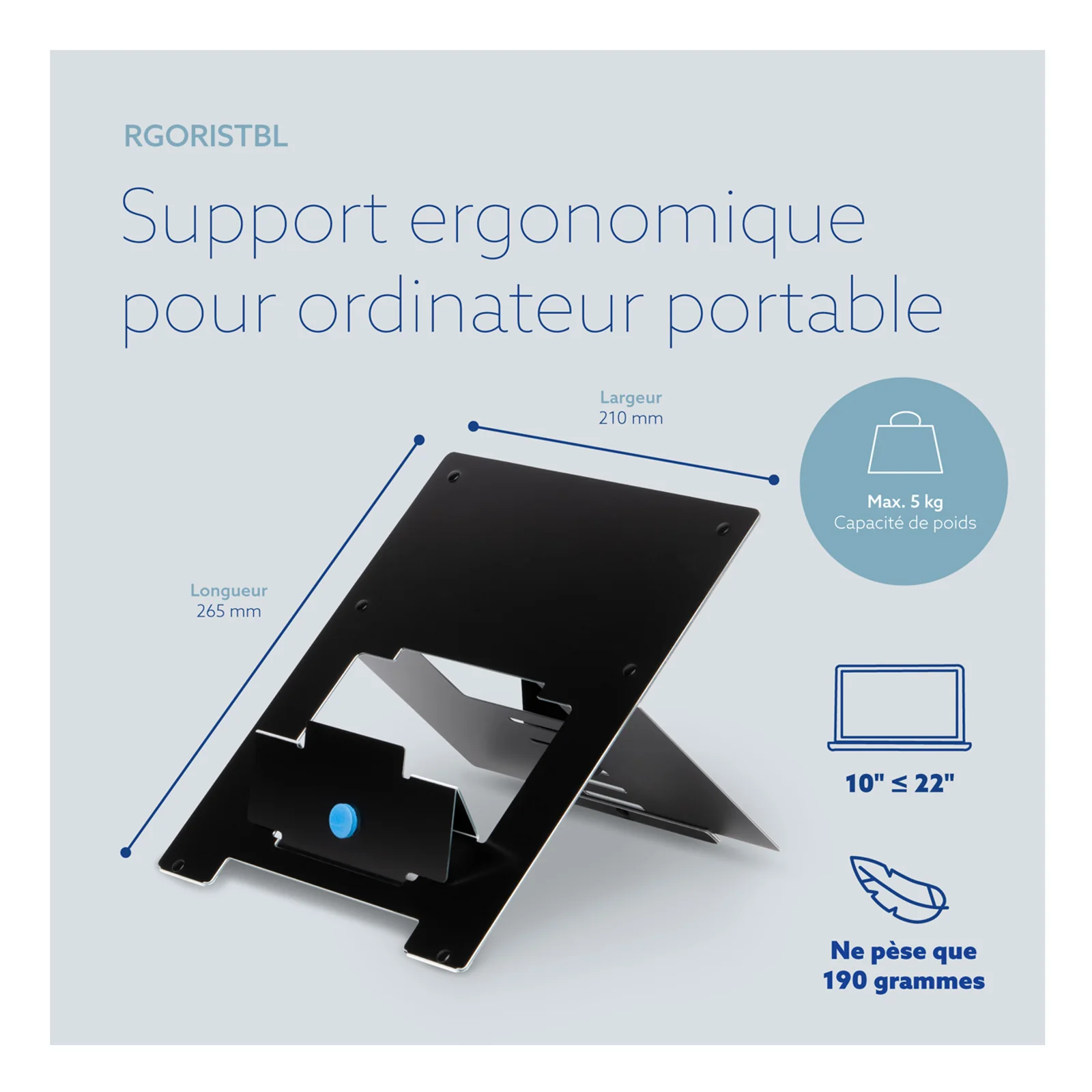 Fiche technique R-Go Riser, compatibilité 10 à 22 pouces, poids 190 grammes indiqué