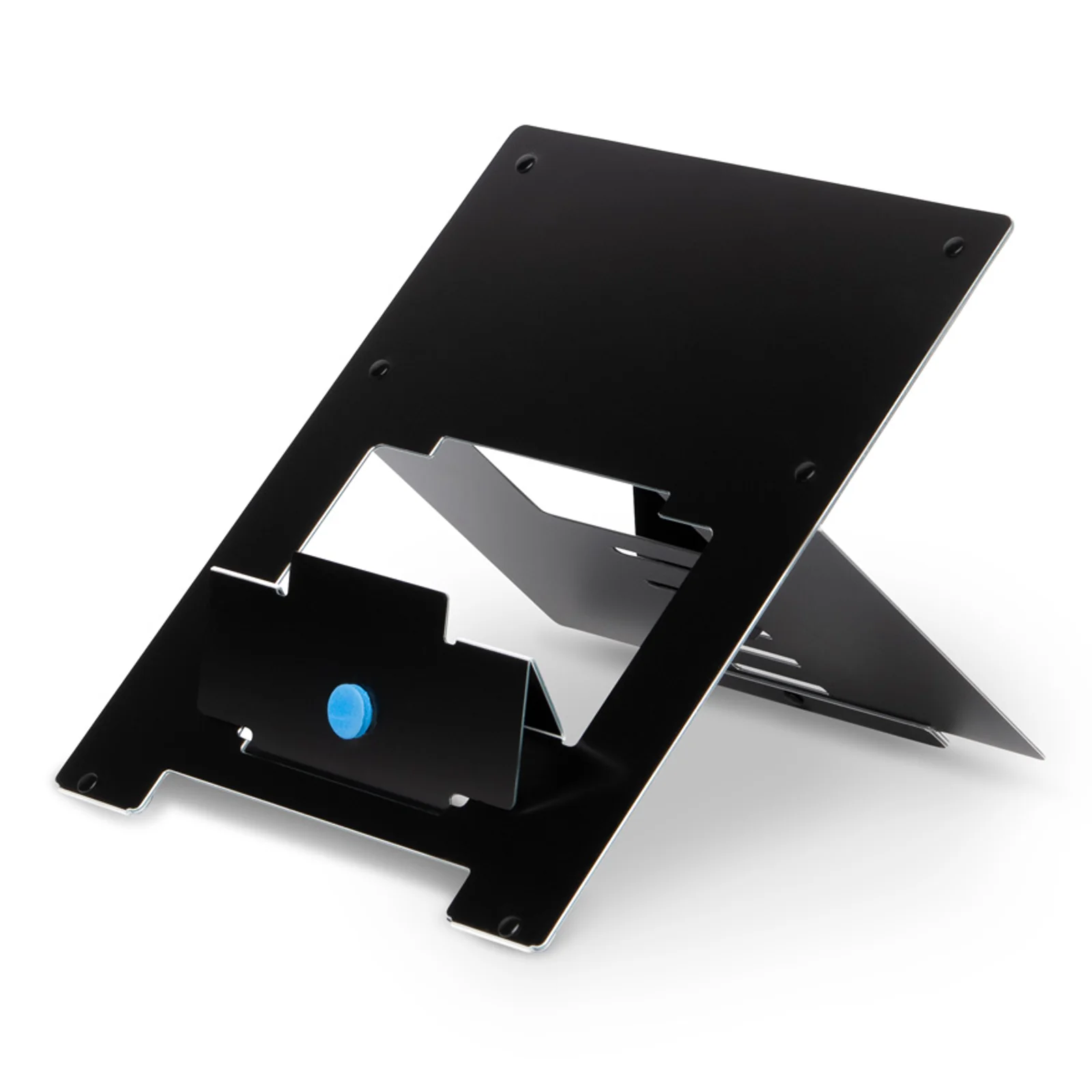 Support R-Go Riser noir vide, vue plongeante sur la surface de pose inclinée, fond sombre