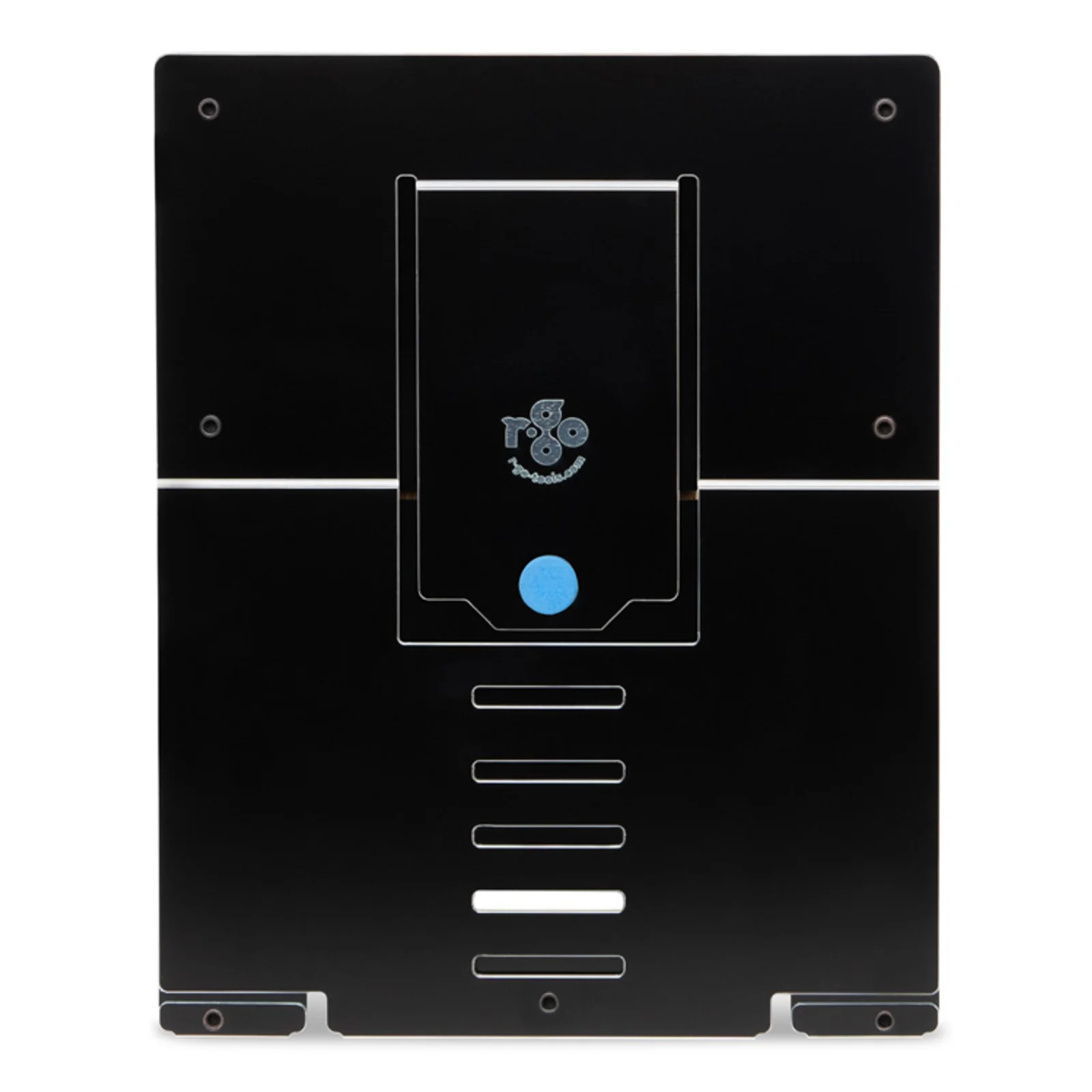 Face arrière du châssis R-Go Riser en aluminium noir, bouton indicateur bleu central visible