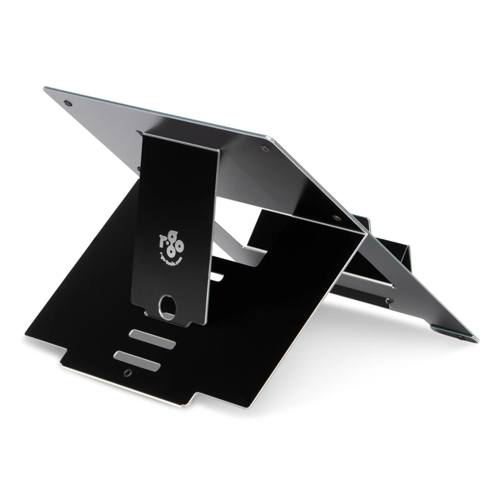 Profil latéral du support R-Go Riser déplié sans ordinateur, fond blanc