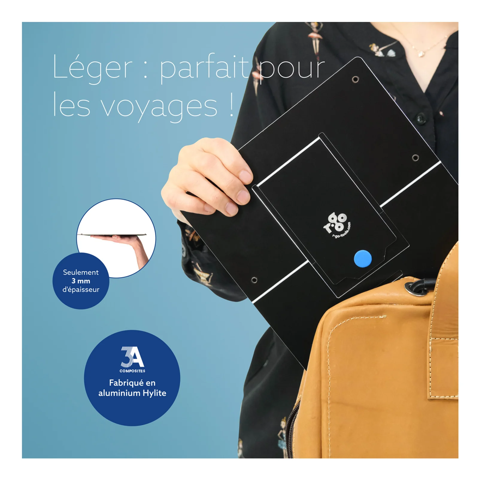 Visuel avec texte Léger parfait pour les voyages, support R-Go Riser plié présenté avec un sac
