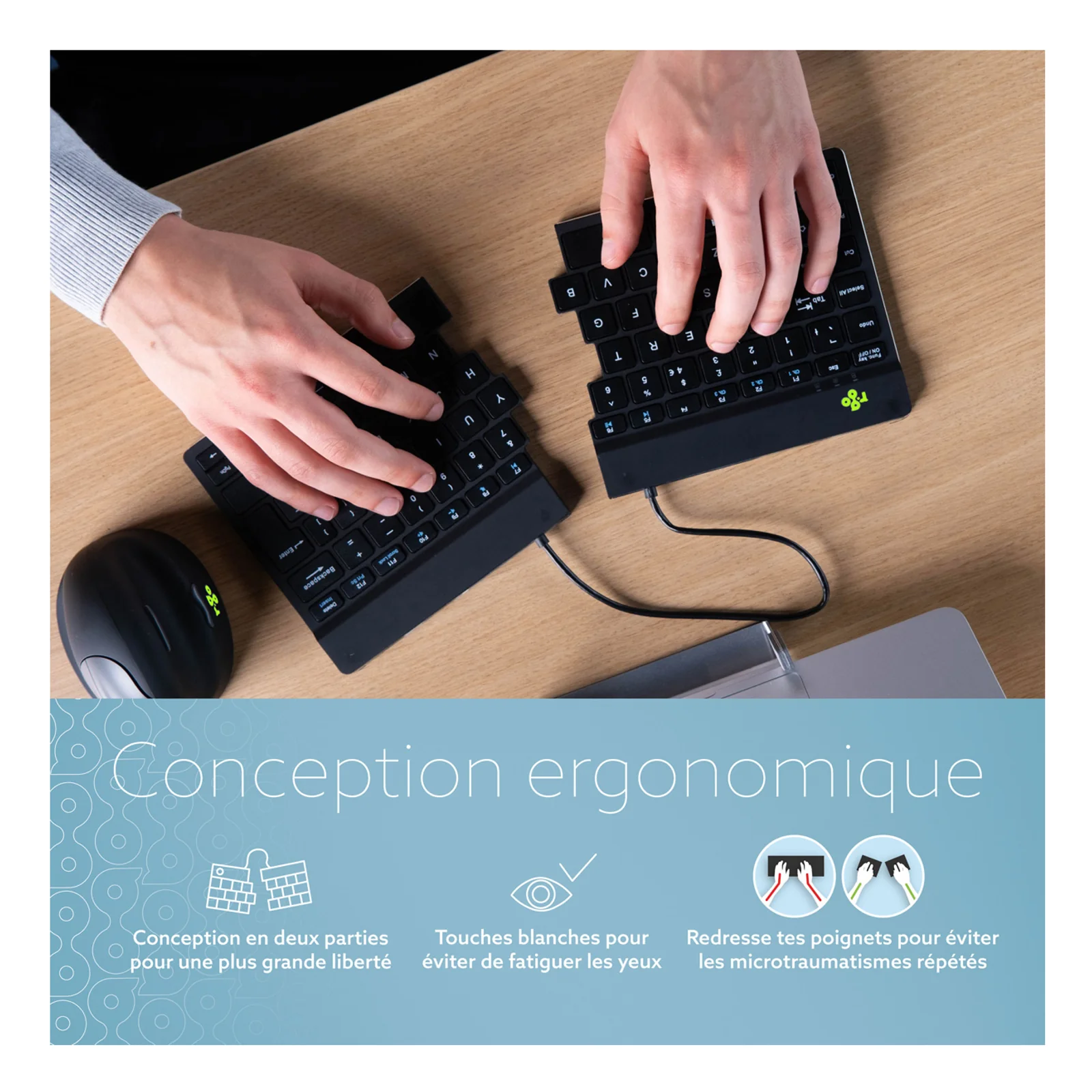 Infographie française sur la conception ergonomique du R-Go Split Break, icônes