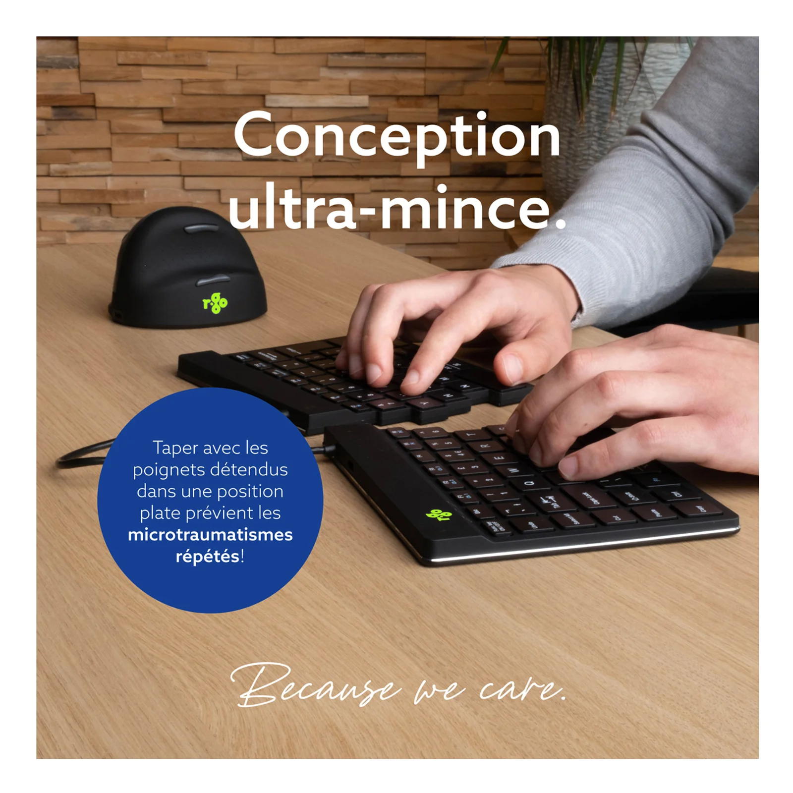 Infographie française sur le profil ultra-plat du clavier, mains et souris visibles